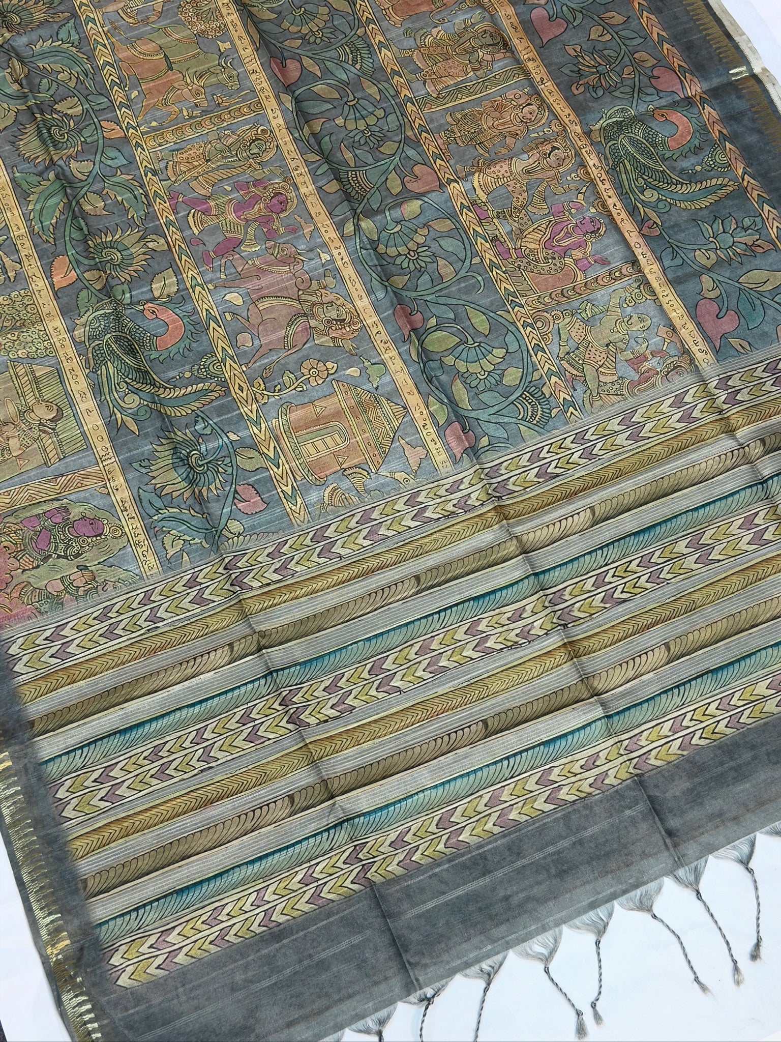UTSAV BANARAS 392: Elegant Teal Grey tussar Silk Saree with Traditional Pen Kalamkari Narrative Print