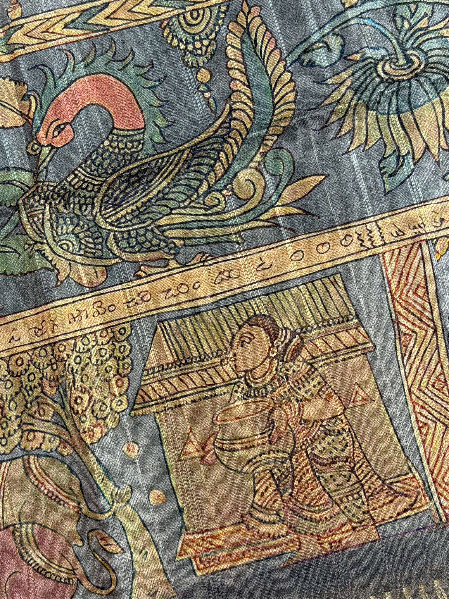 UTSAV BANARAS 392: Elegant Teal Grey tussar Silk Saree with Traditional Pen Kalamkari Narrative Print