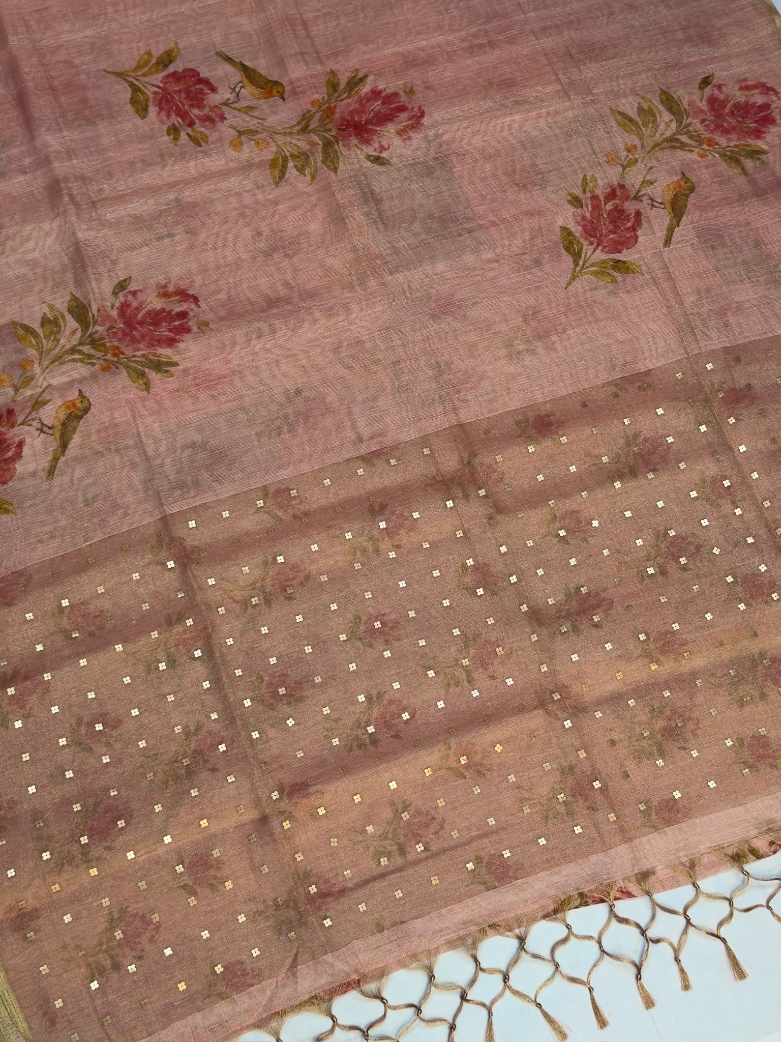 UTSAV BANARAS 391: Tissue Silk Digital Printed Saree Rose Gold with Floral print woven sequence work on Palla