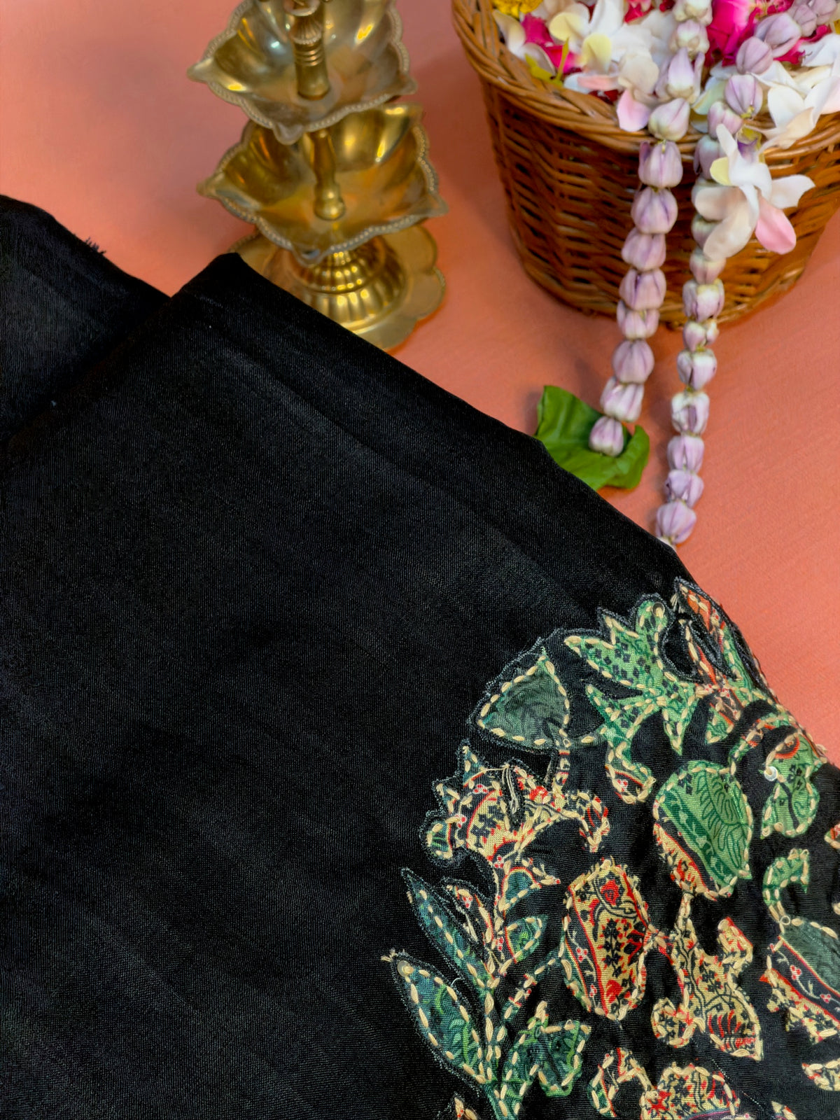 WAAH BANARAS 161: Elegant Black Tusser Silk Saree with Handcrafted Kantha Work Mandala Motifs