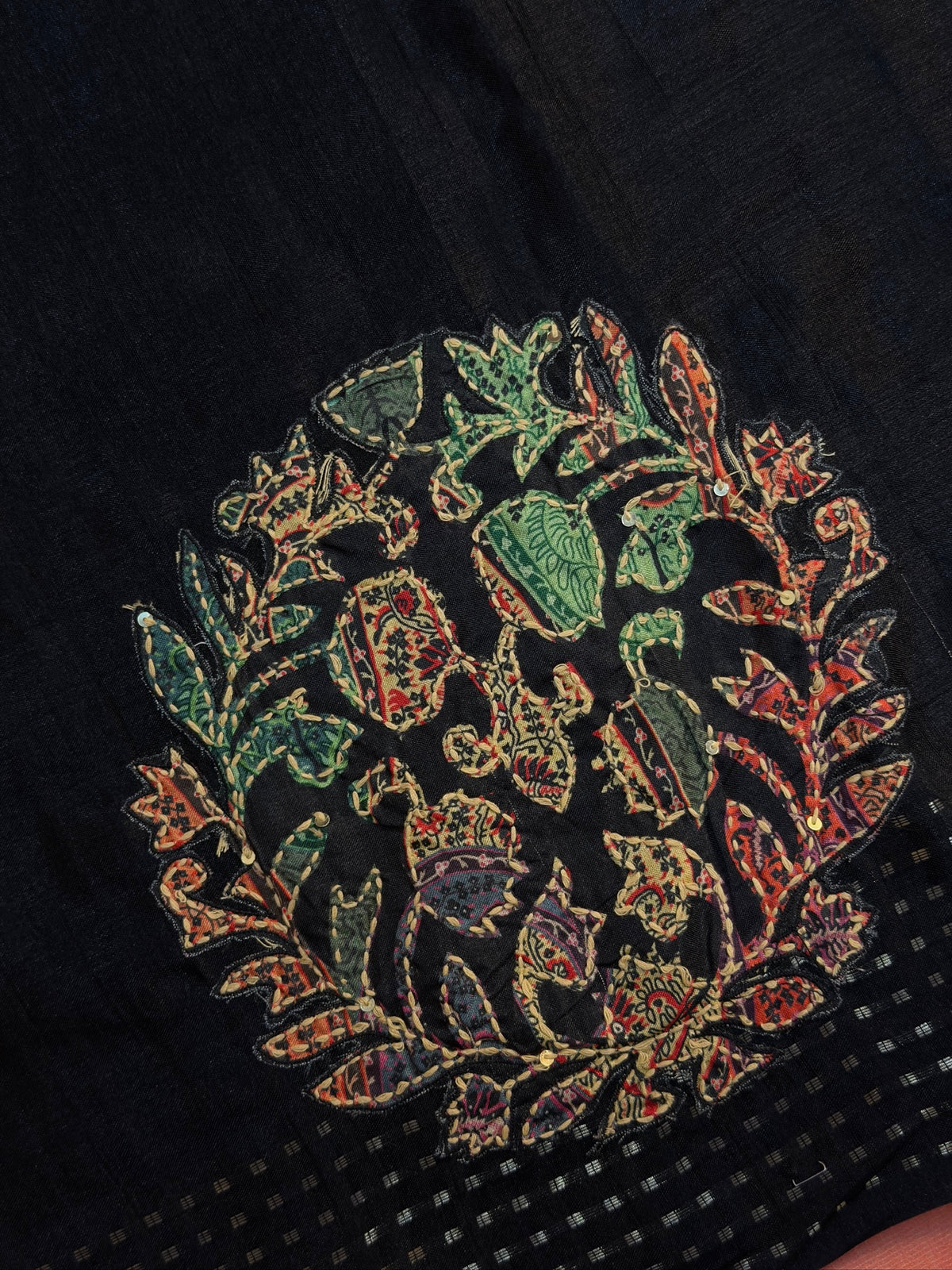 WAAH BANARAS 161: Elegant Black Tusser Silk Saree with Handcrafted Kantha Work Mandala Motifs