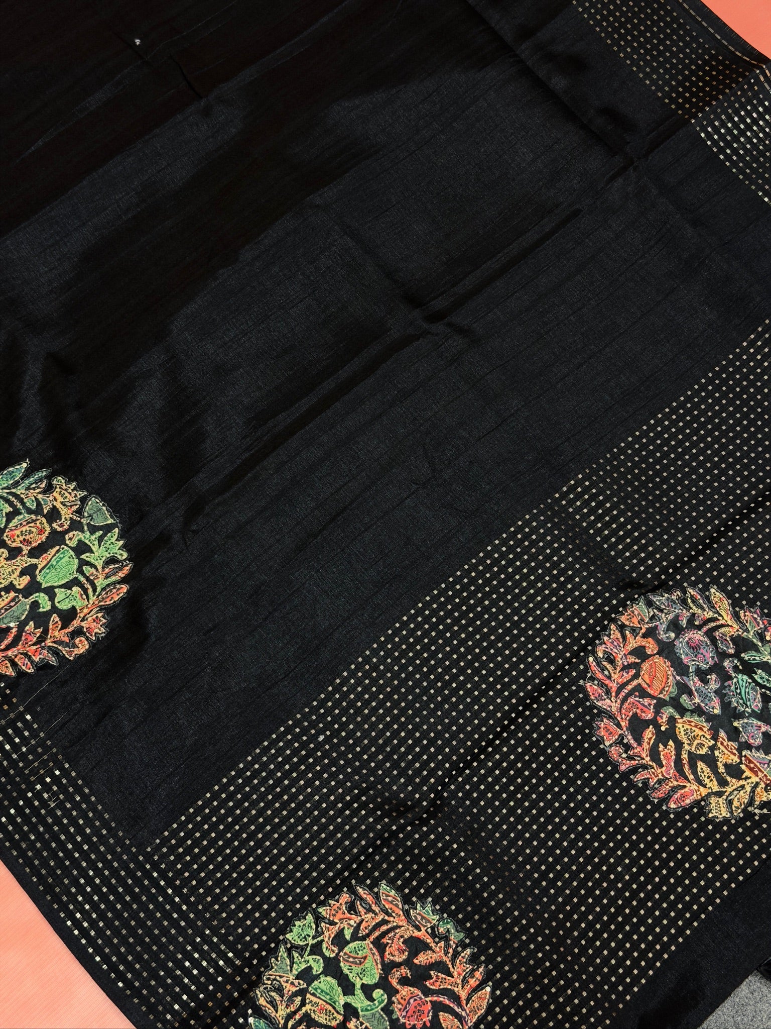WAAH BANARAS 161: Elegant Black Tusser Silk Saree with Handcrafted Kantha Work Mandala Motifs