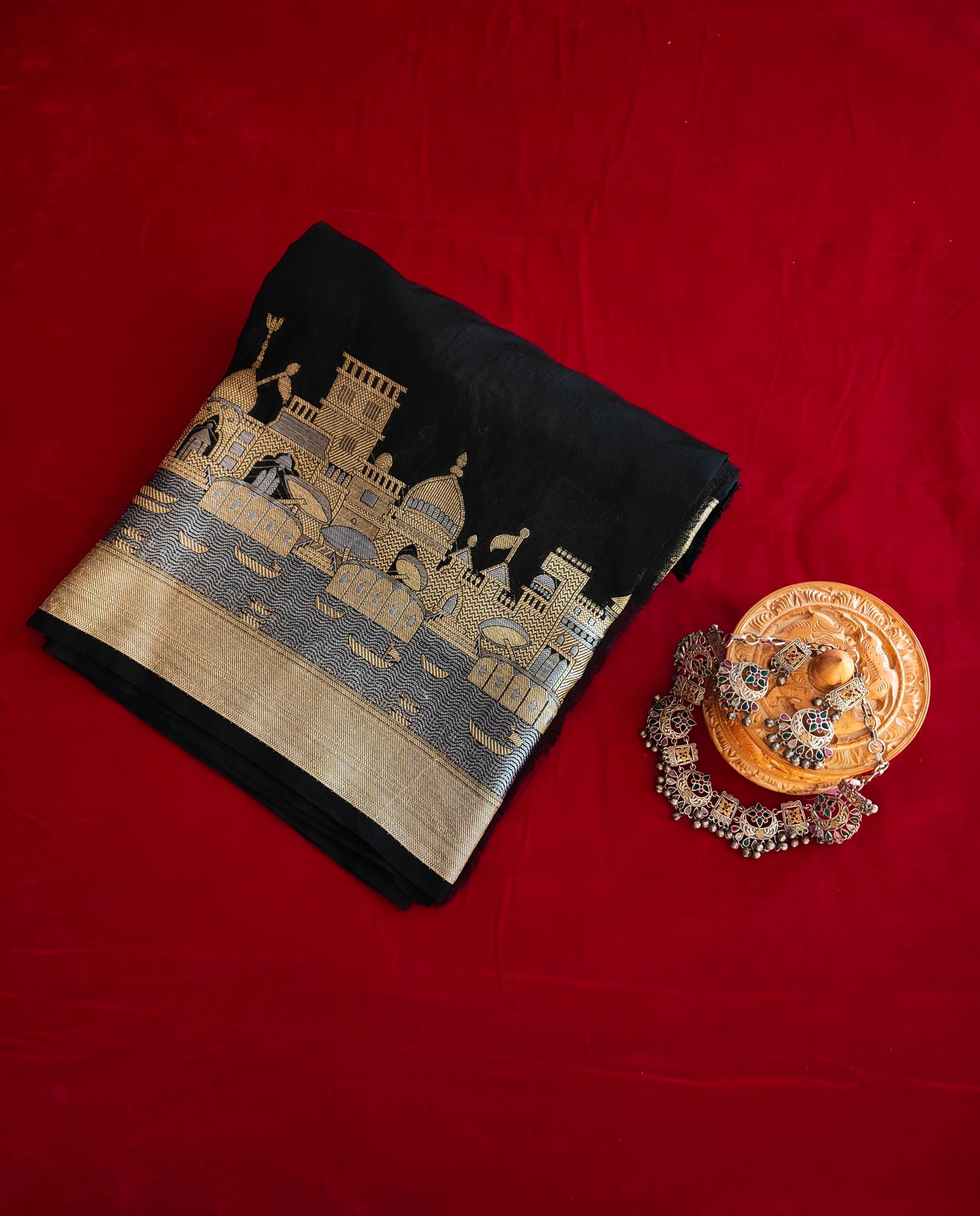 Kamadhatri Black Kashi Ghat Pattern Banarasi Silk Saree