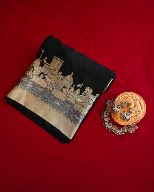 Kamadhatri Black Kashi Ghat Pattern Banarasi Silk Saree