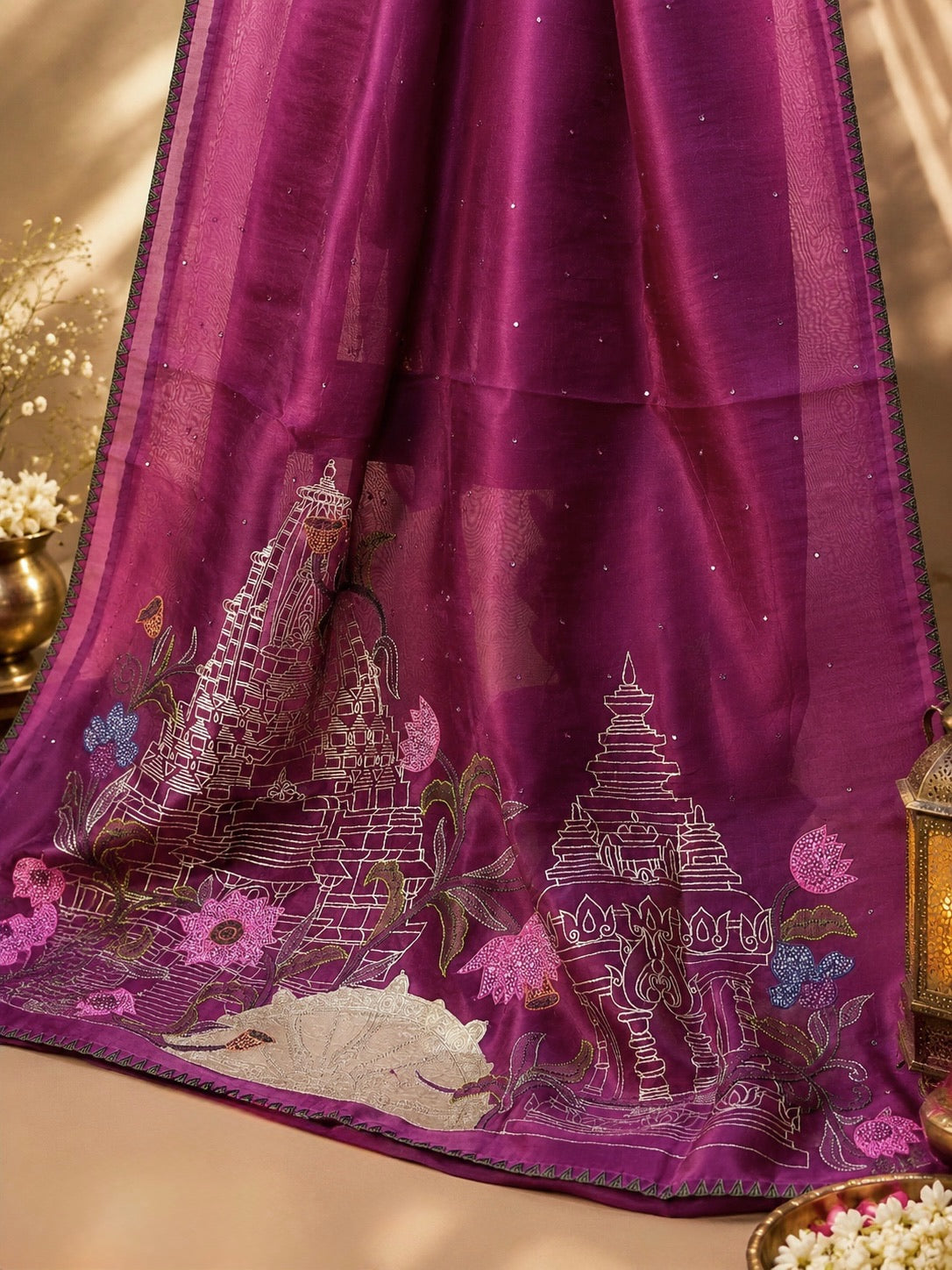 Founder Choice 066: Magenta Pure Organza Kora Saree with Sequins, Handcrafted Appliqué Pallu & Artistic Handwork Border