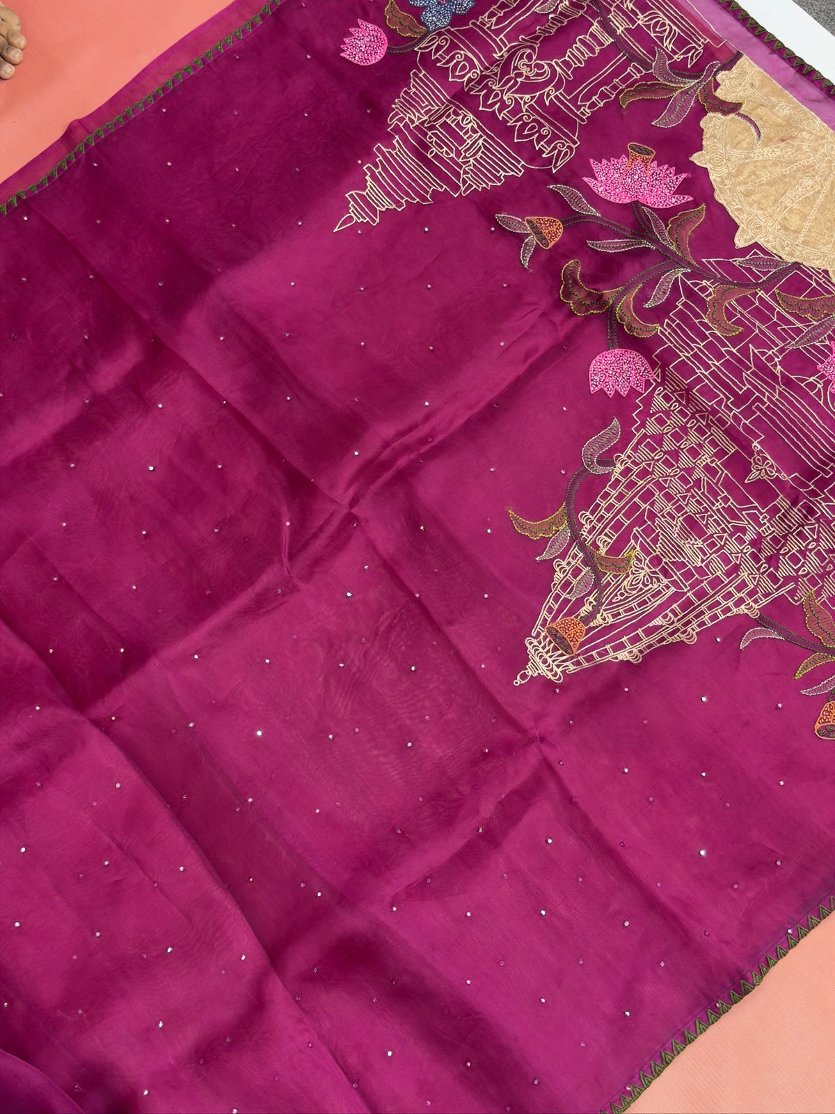Founder Choice 066: Magenta Pure Organza Kora Saree with Sequins, Handcrafted Appliqué Pallu & Artistic Handwork Border