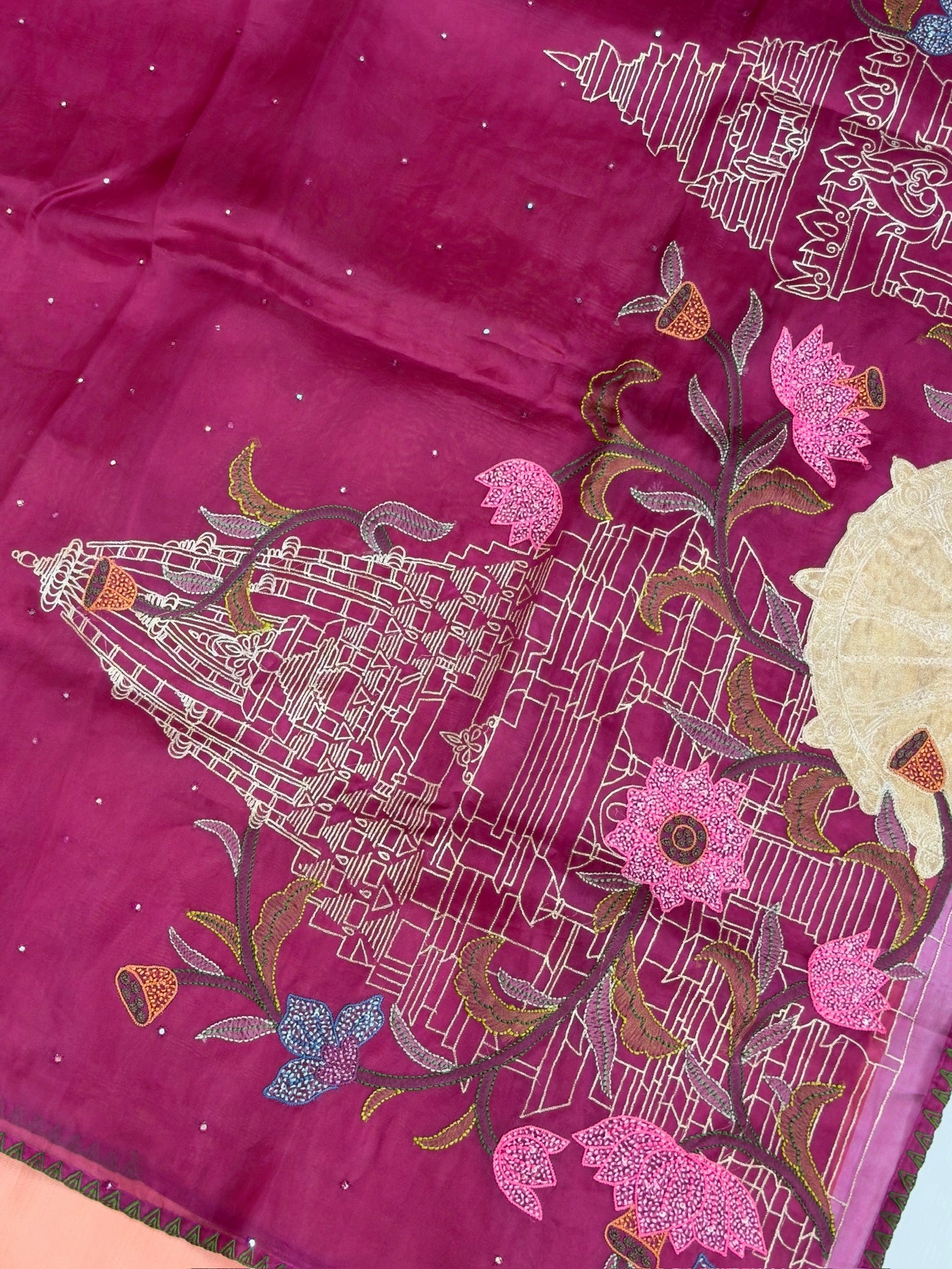 Founder Choice 066: Magenta Pure Organza Kora Saree with Sequins, Handcrafted Appliqué Pallu & Artistic Handwork Border