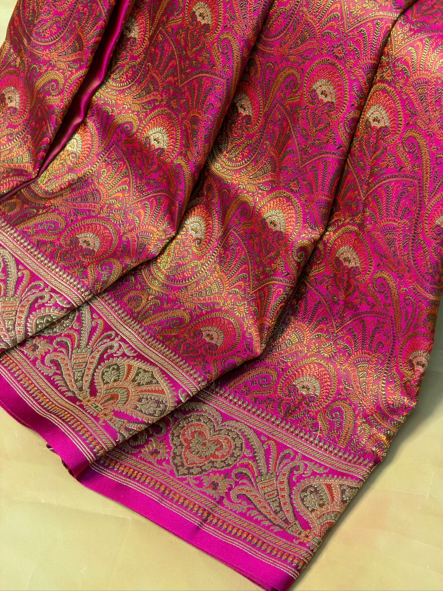 WAAH BANARAS 166A: Deep Pink Satin Tanchoi Silk Saree with Rich Zari, Resham Weaving & Grand Floral Paisley Border (Copy)