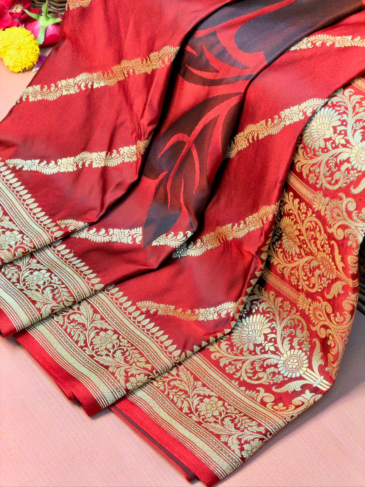 WAAH BANARAS 164: Ruby Red Satin Mashru Silk Saree with Zari Stripe Work, Resham Floral Design & Grand Floral Border