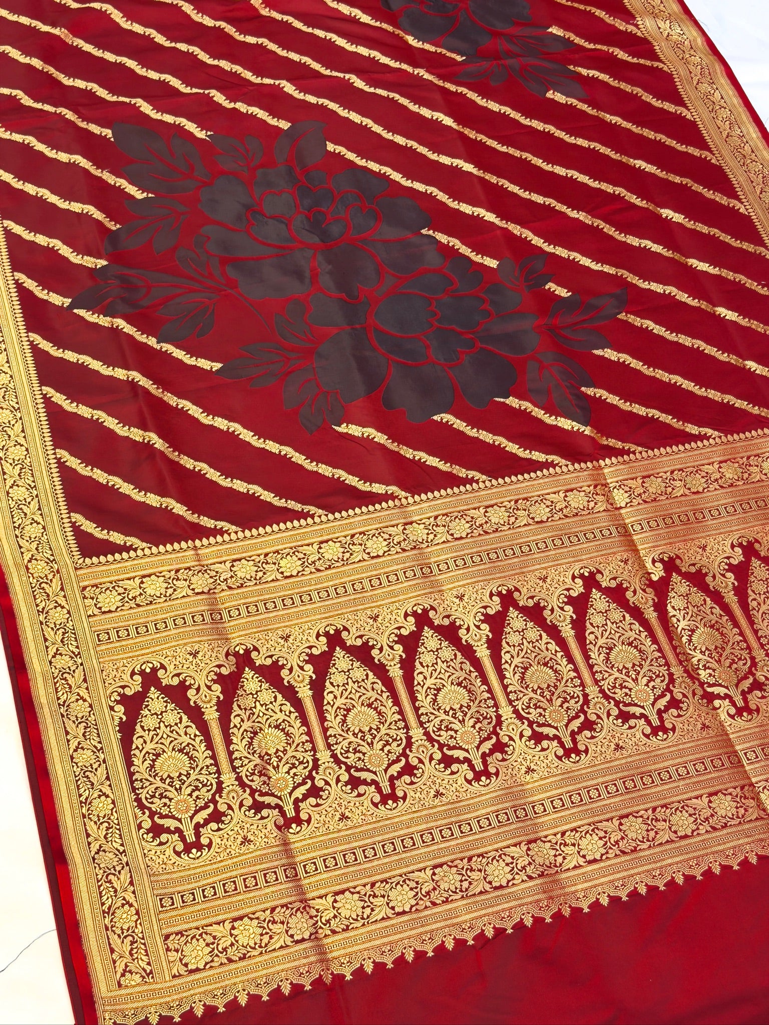 WAAH BANARAS 164: Ruby Red Satin Mashru Silk Saree with Zari Stripe Work, Resham Floral Design & Grand Floral Border
