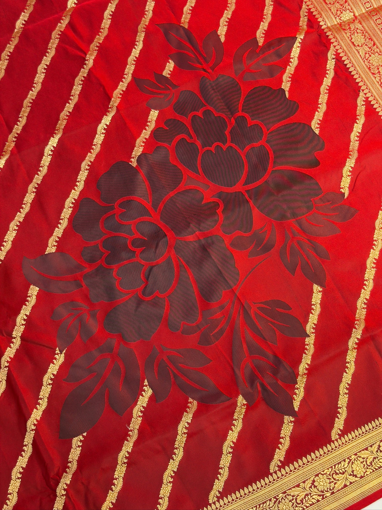 WAAH BANARAS 164: Ruby Red Satin Mashru Silk Saree with Zari Stripe Work, Resham Floral Design & Grand Floral Border