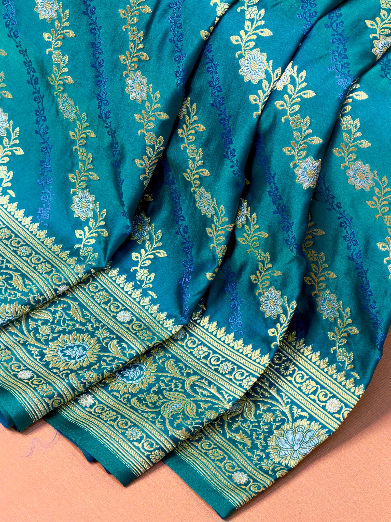 WAAH BANARAS 163A: Teal Blue Satin Mashru Silk Saree with Sona Rupa Zari Stripes, Resham Weaving & Floral Border
