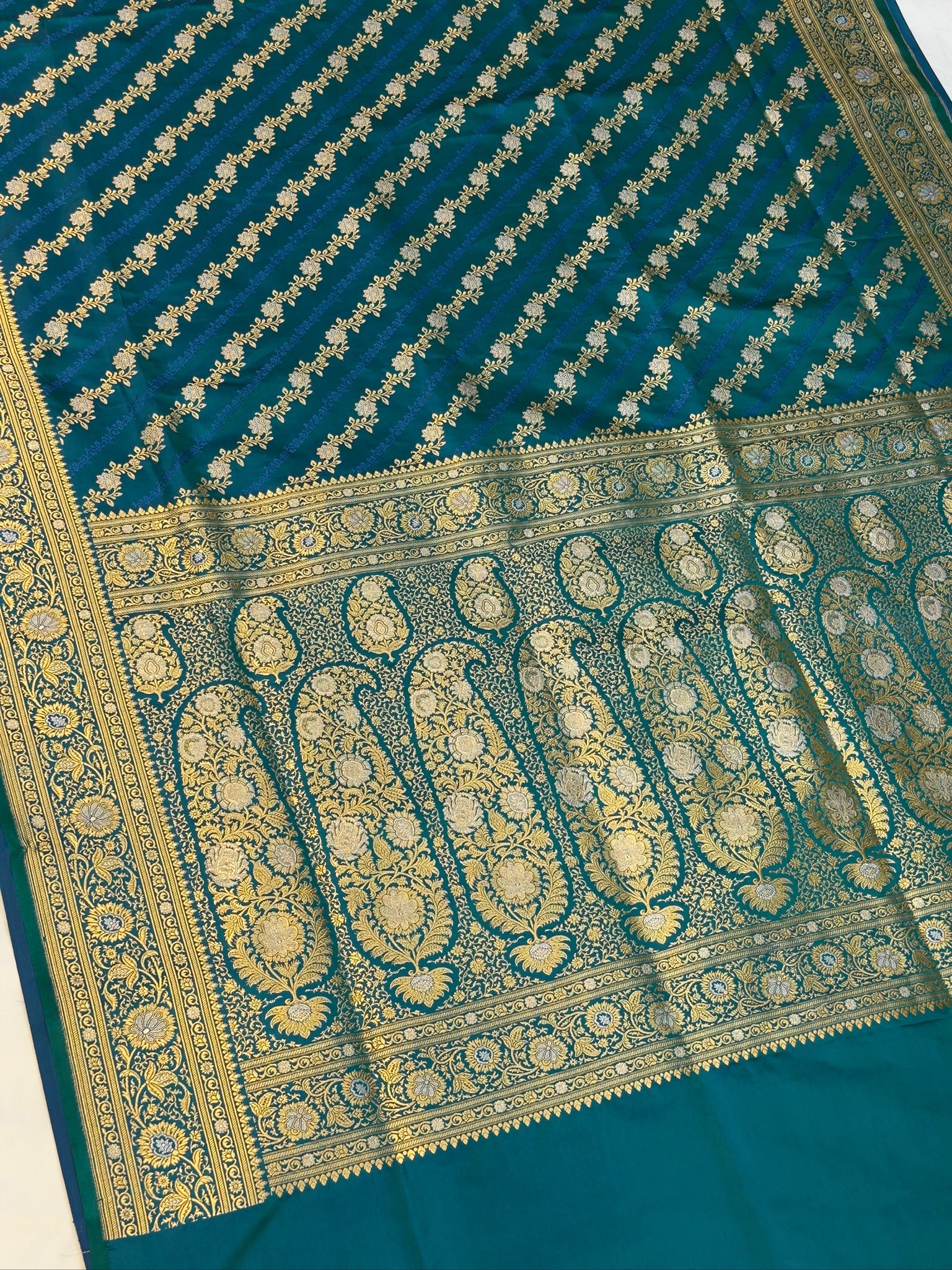 WAAH BANARAS 163A: Teal Blue Satin Mashru Silk Saree with Sona Rupa Zari Stripes, Resham Weaving & Floral Border