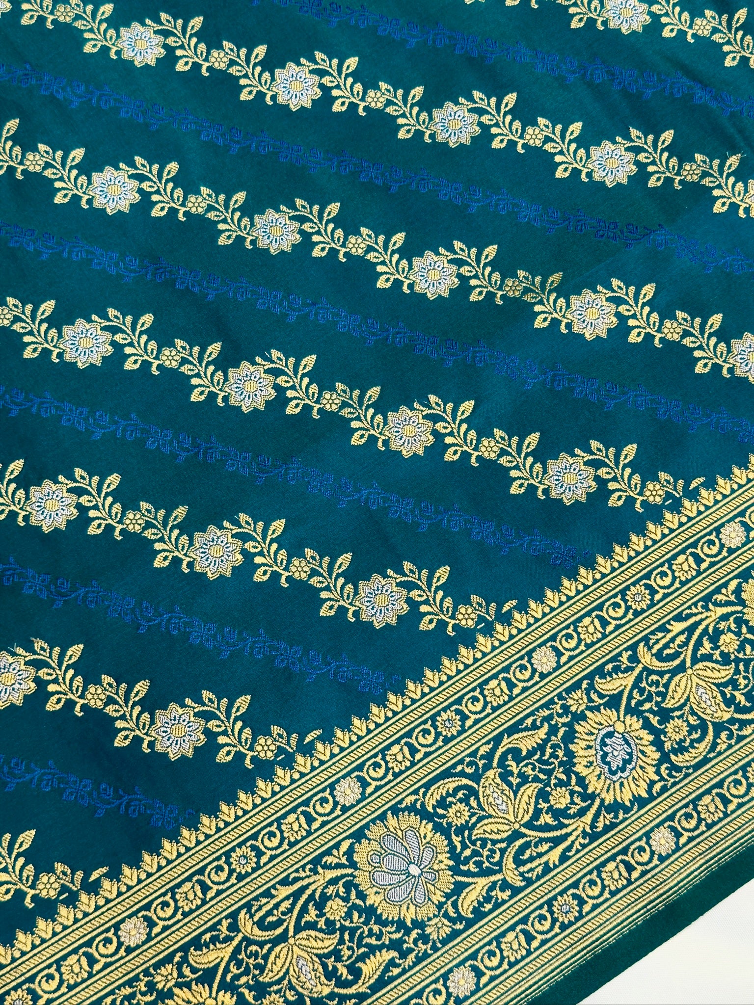 WAAH BANARAS 163A: Teal Blue Satin Mashru Silk Saree with Sona Rupa Zari Stripes, Resham Weaving & Floral Border
