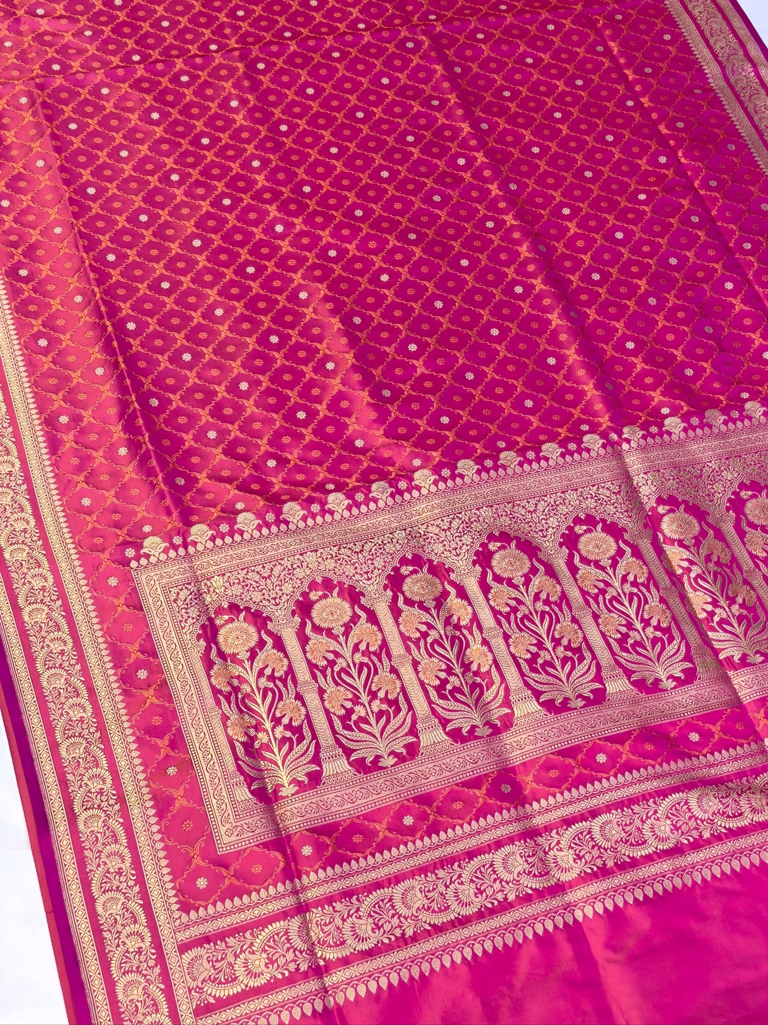 WAAH BANARAS 167: Rani Pink Satin Mashru Silk Saree with Gold Zari, Resham Weaving & Floral Border
