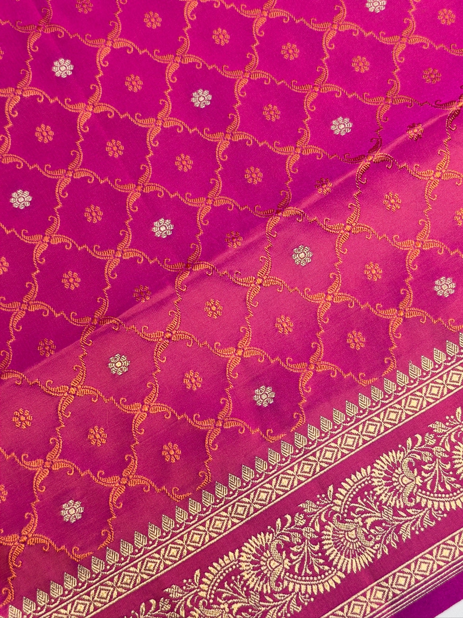 WAAH BANARAS 167: Rani Pink Satin Mashru Silk Saree with Gold Zari, Resham Weaving & Floral Border
