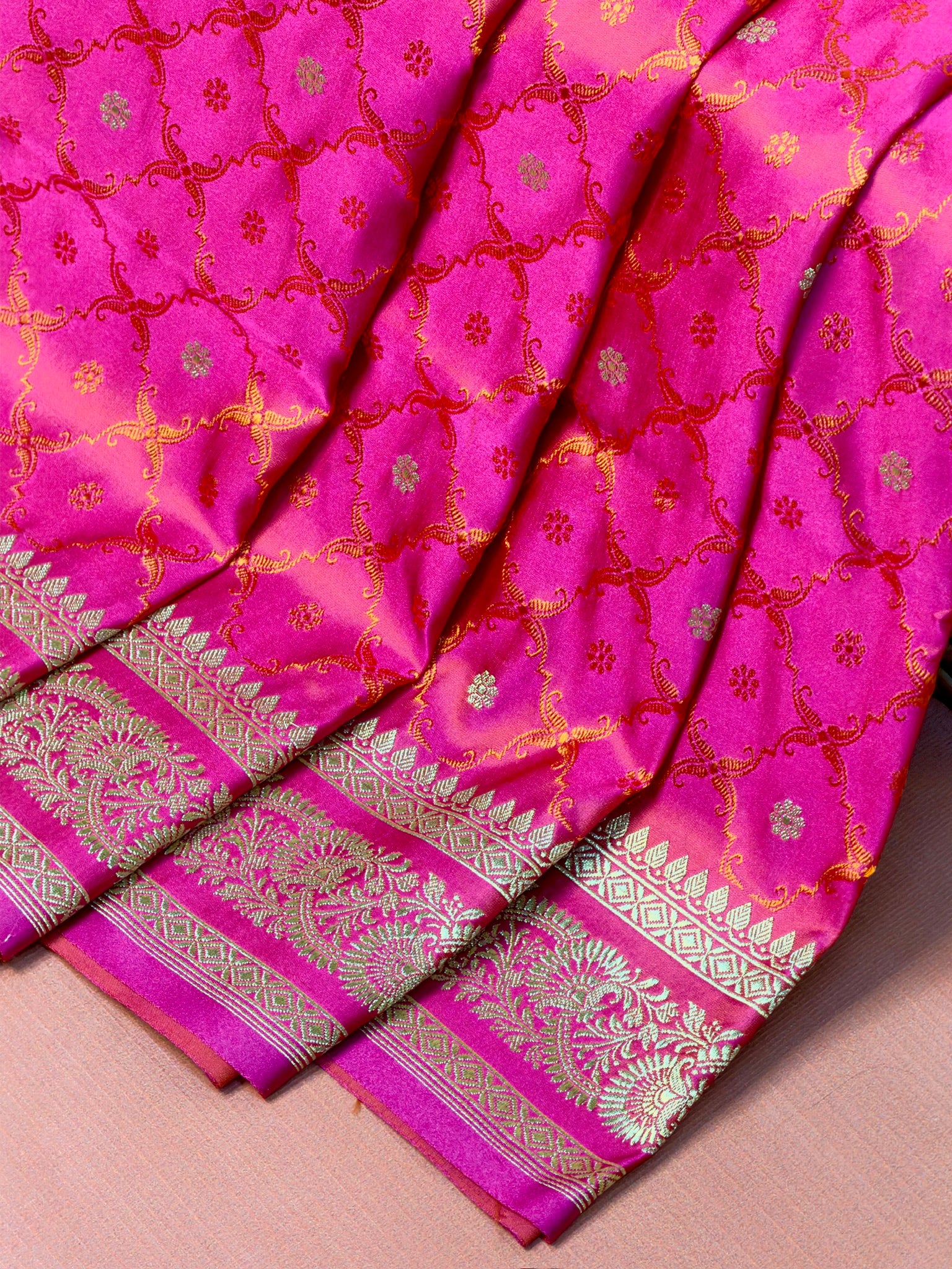 WAAH BANARAS 167: Rani Pink Satin Mashru Silk Saree with Gold Zari, Resham Weaving & Floral Border