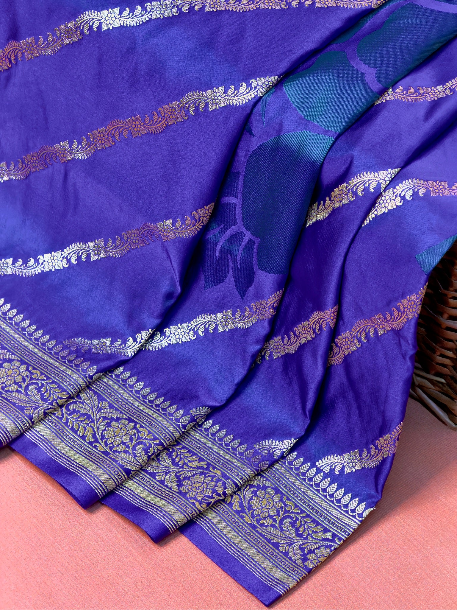 WAAH BANARAS 164A: Teal Blue Satin Mashru Silk Saree with Zari Stripe Work, Resham Floral Design & Grand Floral Border