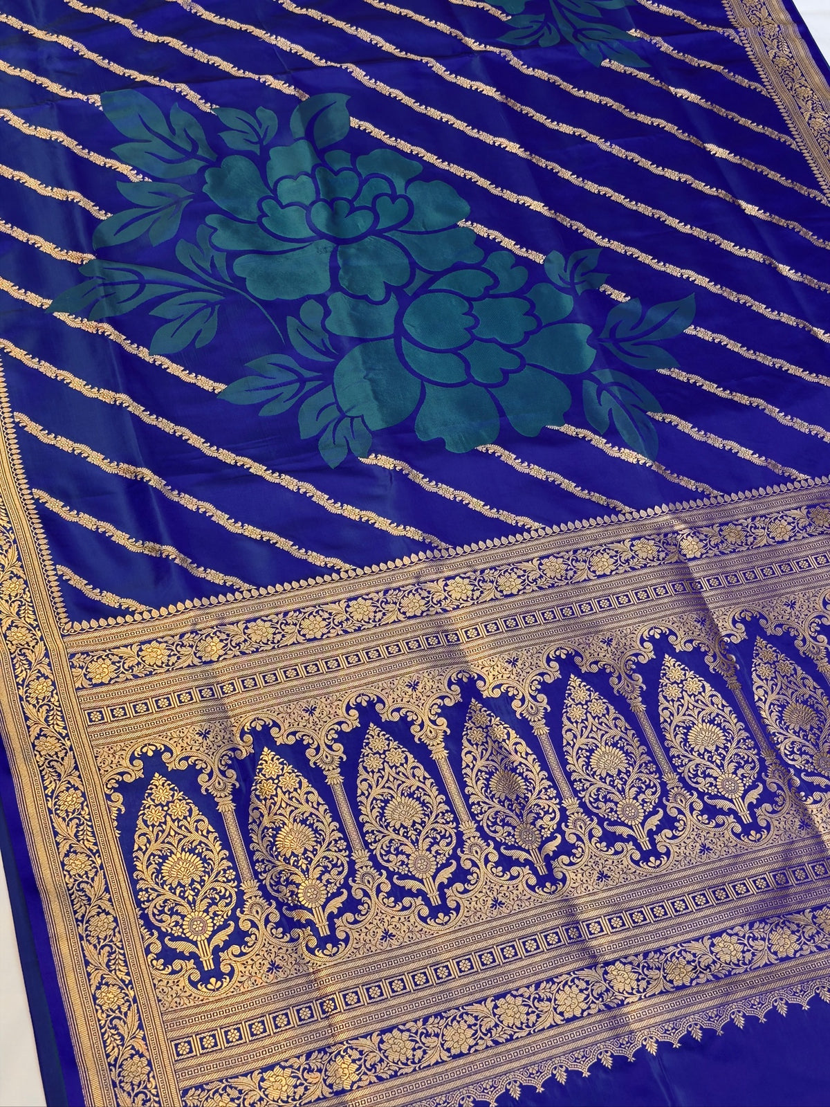 WAAH BANARAS 164A: Teal Blue Satin Mashru Silk Saree with Zari Stripe Work, Resham Floral Design & Grand Floral Border