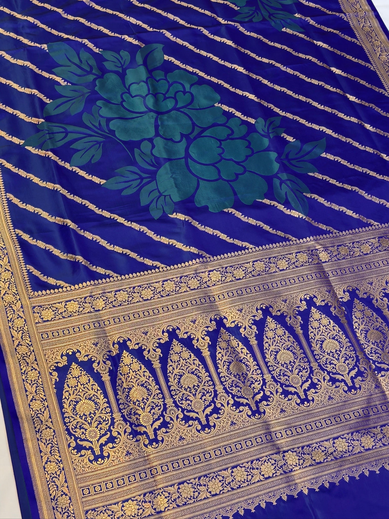WAAH BANARAS 164A: Teal Blue Satin Mashru Silk Saree with Zari Stripe Work, Resham Floral Design & Grand Floral Border