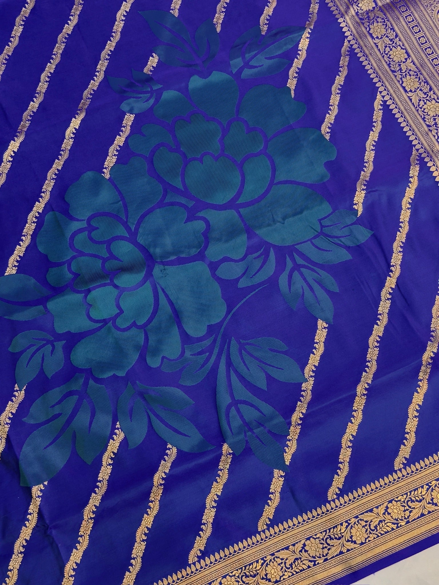 WAAH BANARAS 164A: Teal Blue Satin Mashru Silk Saree with Zari Stripe Work, Resham Floral Design & Grand Floral Border