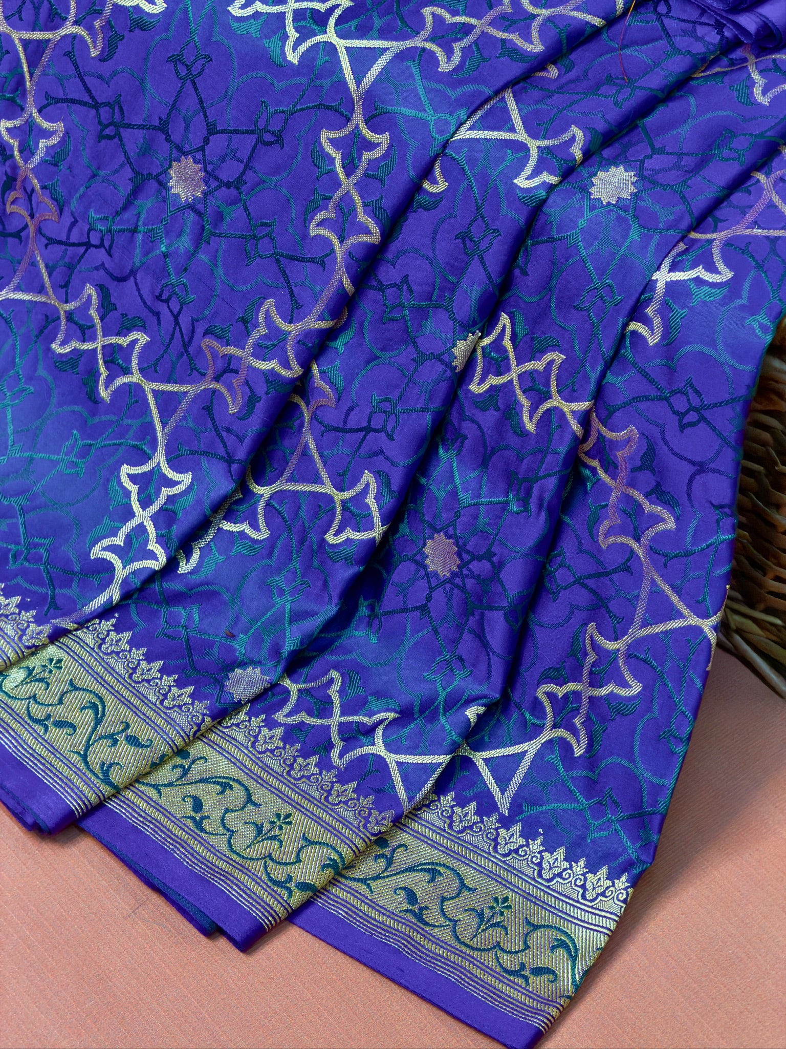 WAAH BANARAS 165: Indigo Blue Satin Mashru Silk Saree with Meenakari Zari & Resham Weaving Floral Border