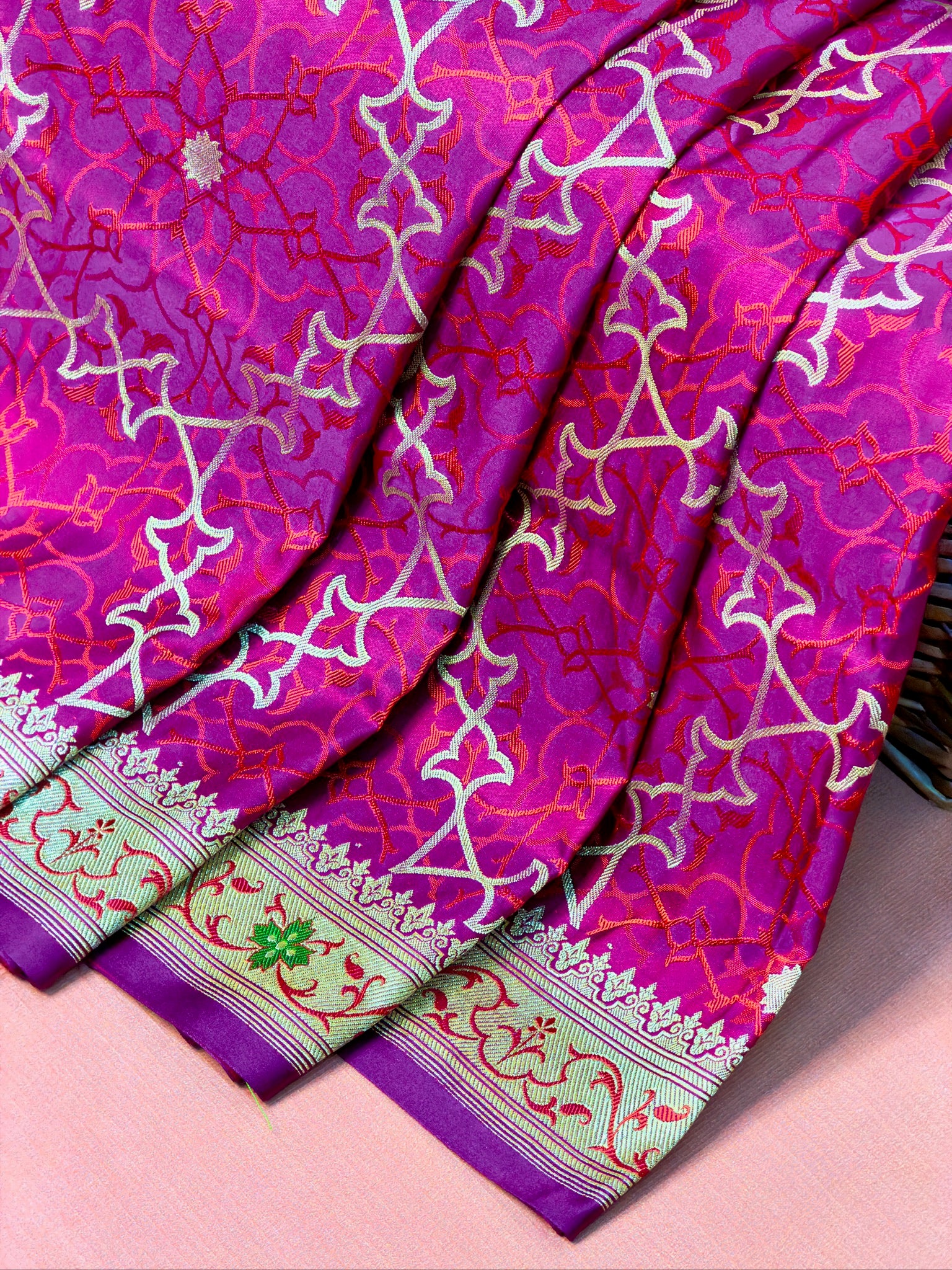 WAAH BANARAS 165A: Magenta Satin Mashru Silk Saree with Zari, Resham & Meenakari Floral Border