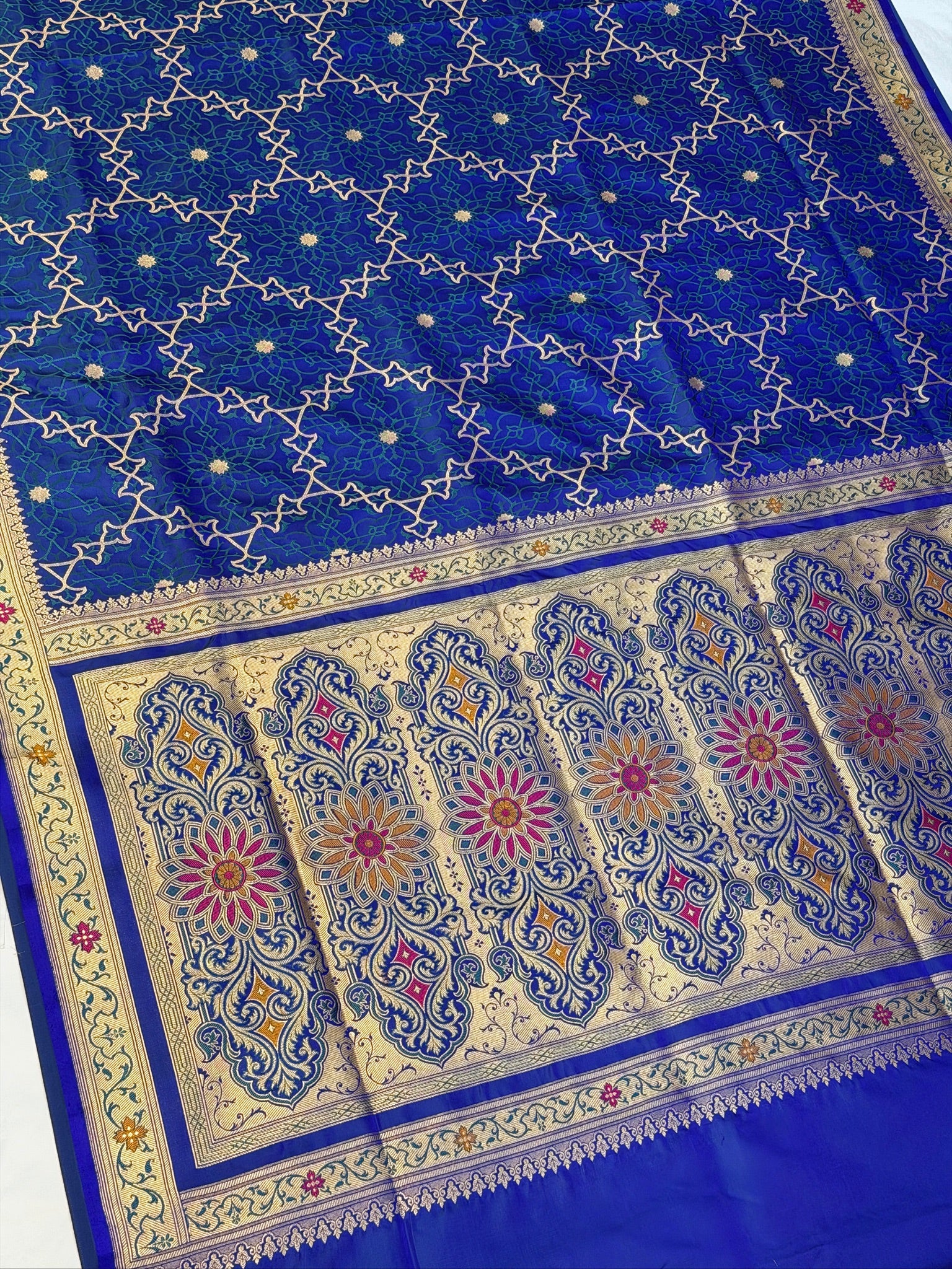 WAAH BANARAS 165: Indigo Blue Satin Mashru Silk Saree with Meenakari Zari & Resham Weaving Floral Border