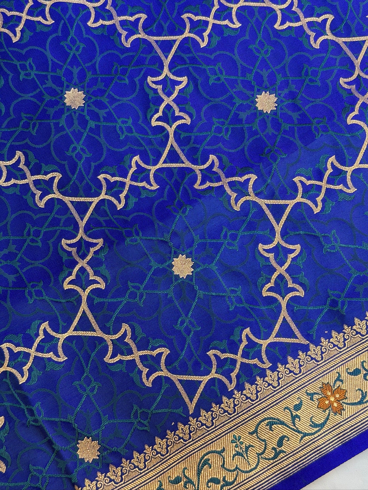 WAAH BANARAS 165: Indigo Blue Satin Mashru Silk Saree with Meenakari Zari & Resham Weaving Floral Border