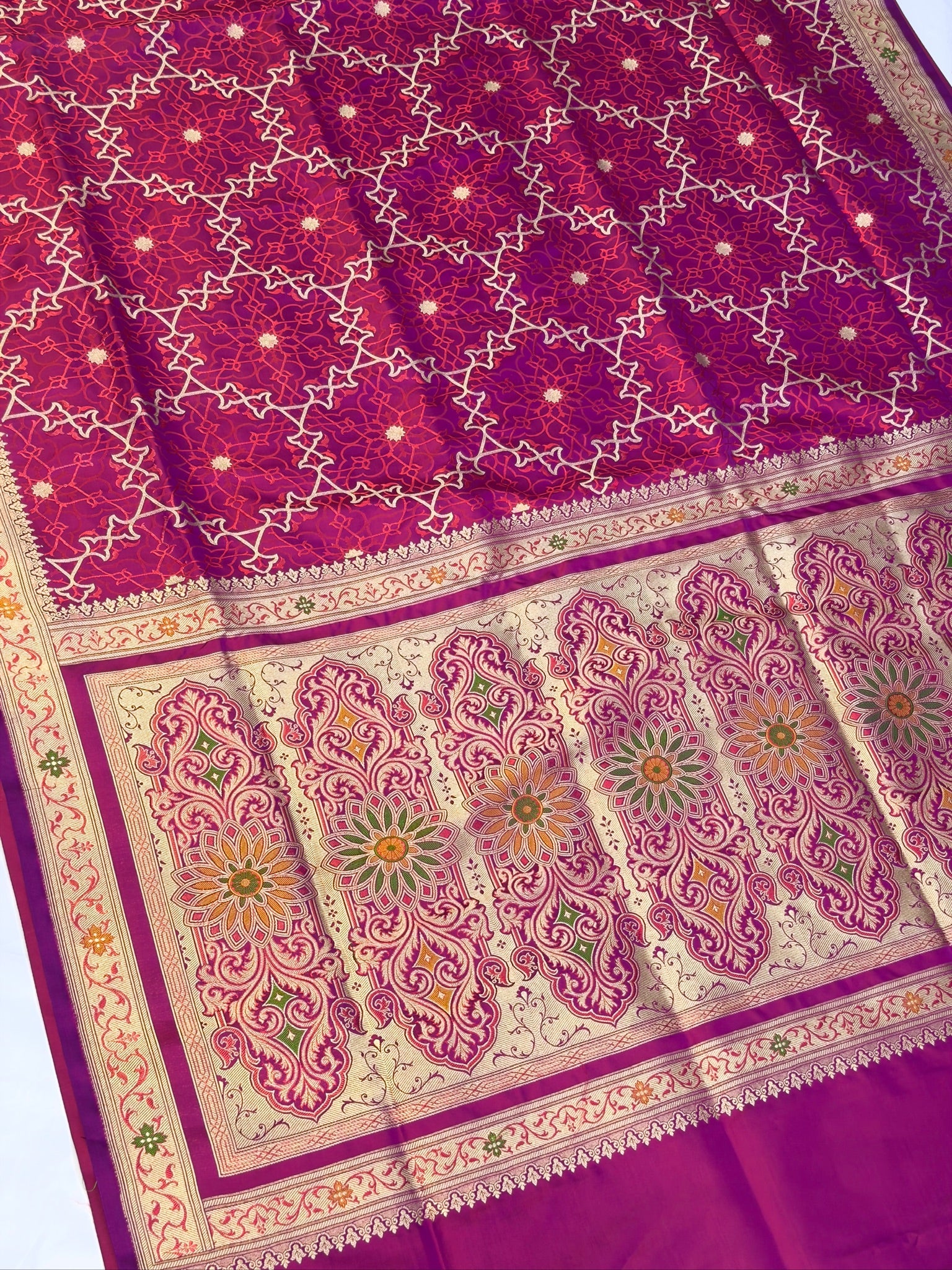 WAAH BANARAS 165A: Magenta Satin Mashru Silk Saree with Zari, Resham & Meenakari Floral Border