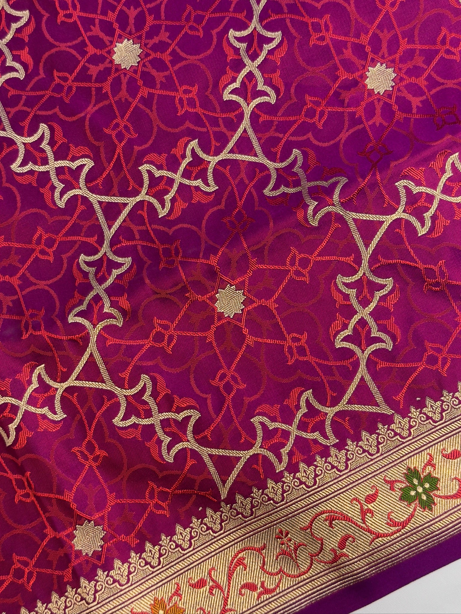 WAAH BANARAS 165A: Magenta Satin Mashru Silk Saree with Zari, Resham & Meenakari Floral Border