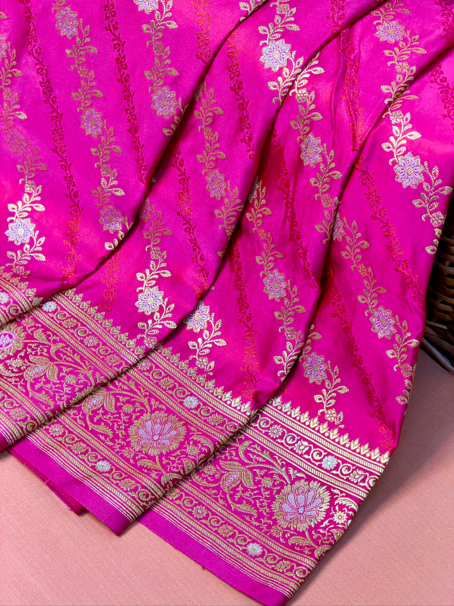 WAAH BANARAS 163: Rani Pink Satin Mashru Silk Saree with Sona Rupa Zari Stripes, Resham Weaving & Floral Border