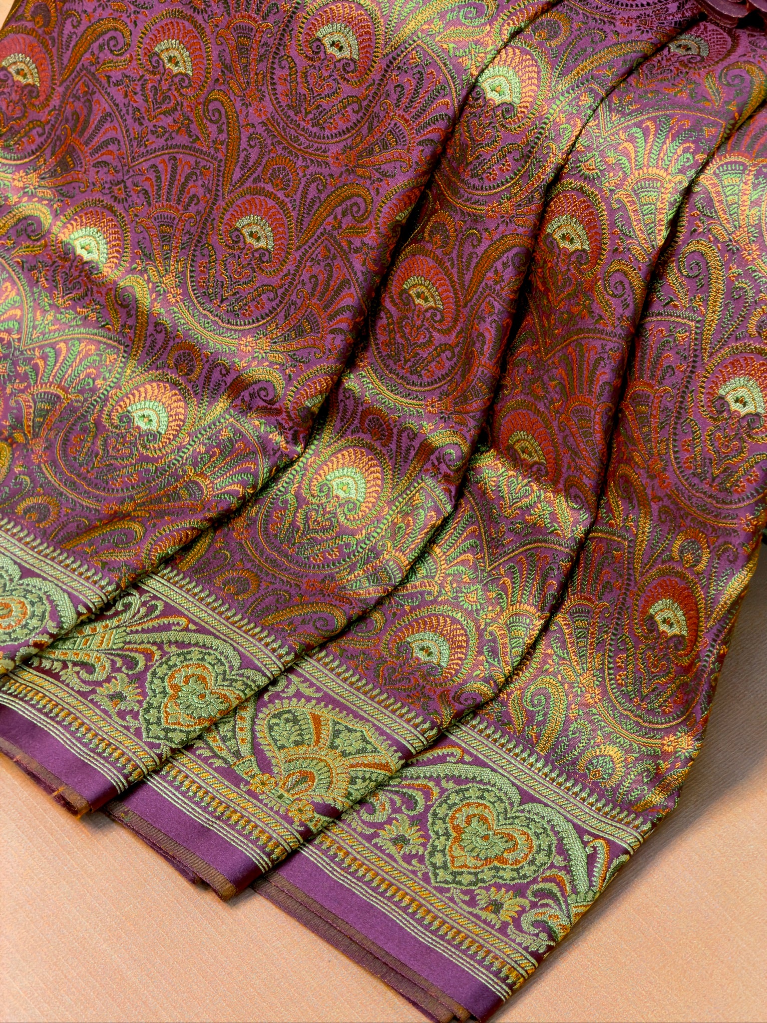 WAAH BANARAS 166: Deep Purple Satin Tanchoi Silk Saree with Rich Zari, Resham Weaving & Grand Floral Paisley Border