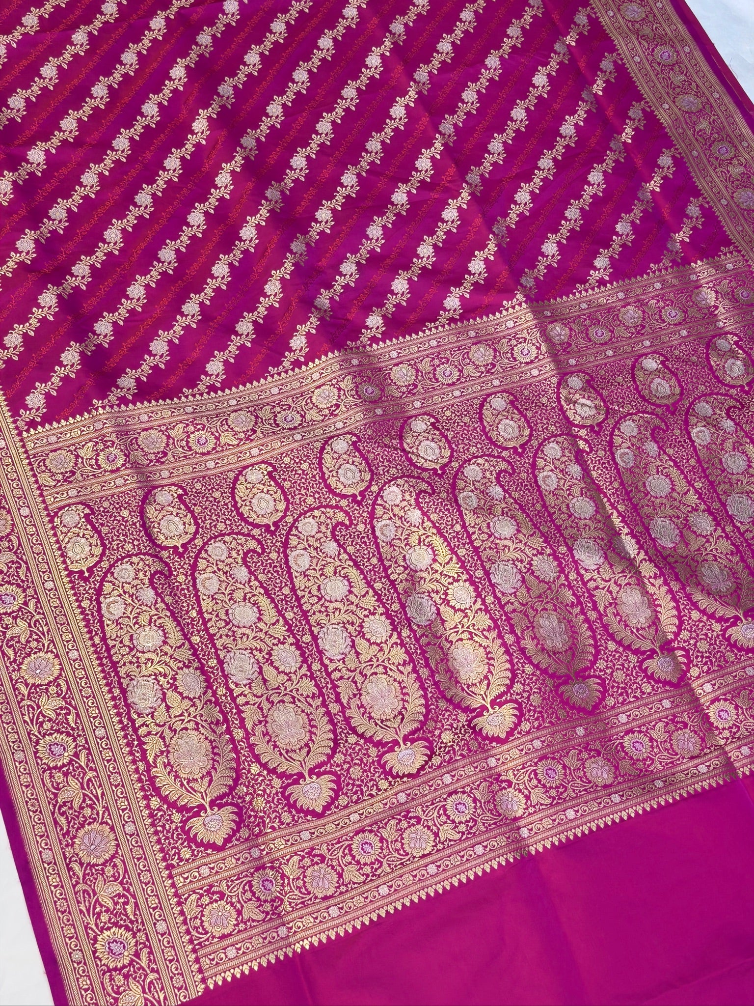 WAAH BANARAS 163: Rani Pink Satin Mashru Silk Saree with Sona Rupa Zari Stripes, Resham Weaving & Floral Border