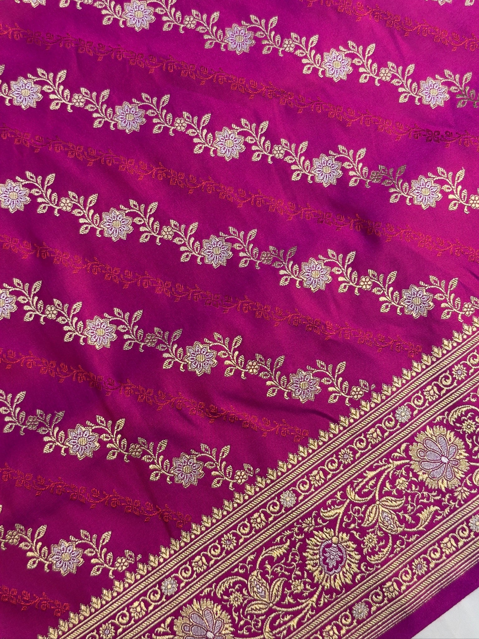 WAAH BANARAS 163: Rani Pink Satin Mashru Silk Saree with Sona Rupa Zari Stripes, Resham Weaving & Floral Border