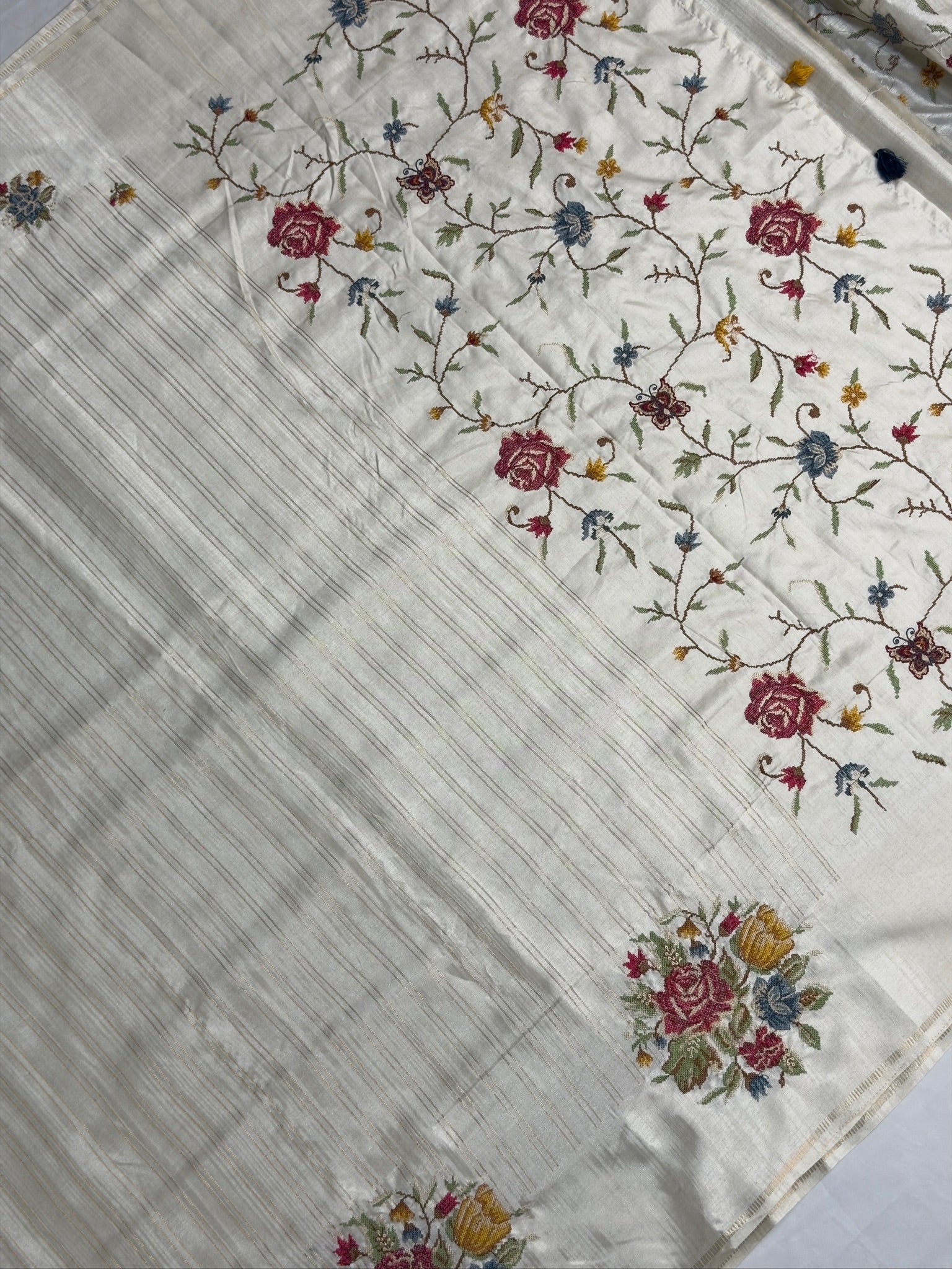 UTSAV BANARAS 394: Pearl White Raw Silk Saree with Meenakari Mandala Border & Zari Stripe Detailing