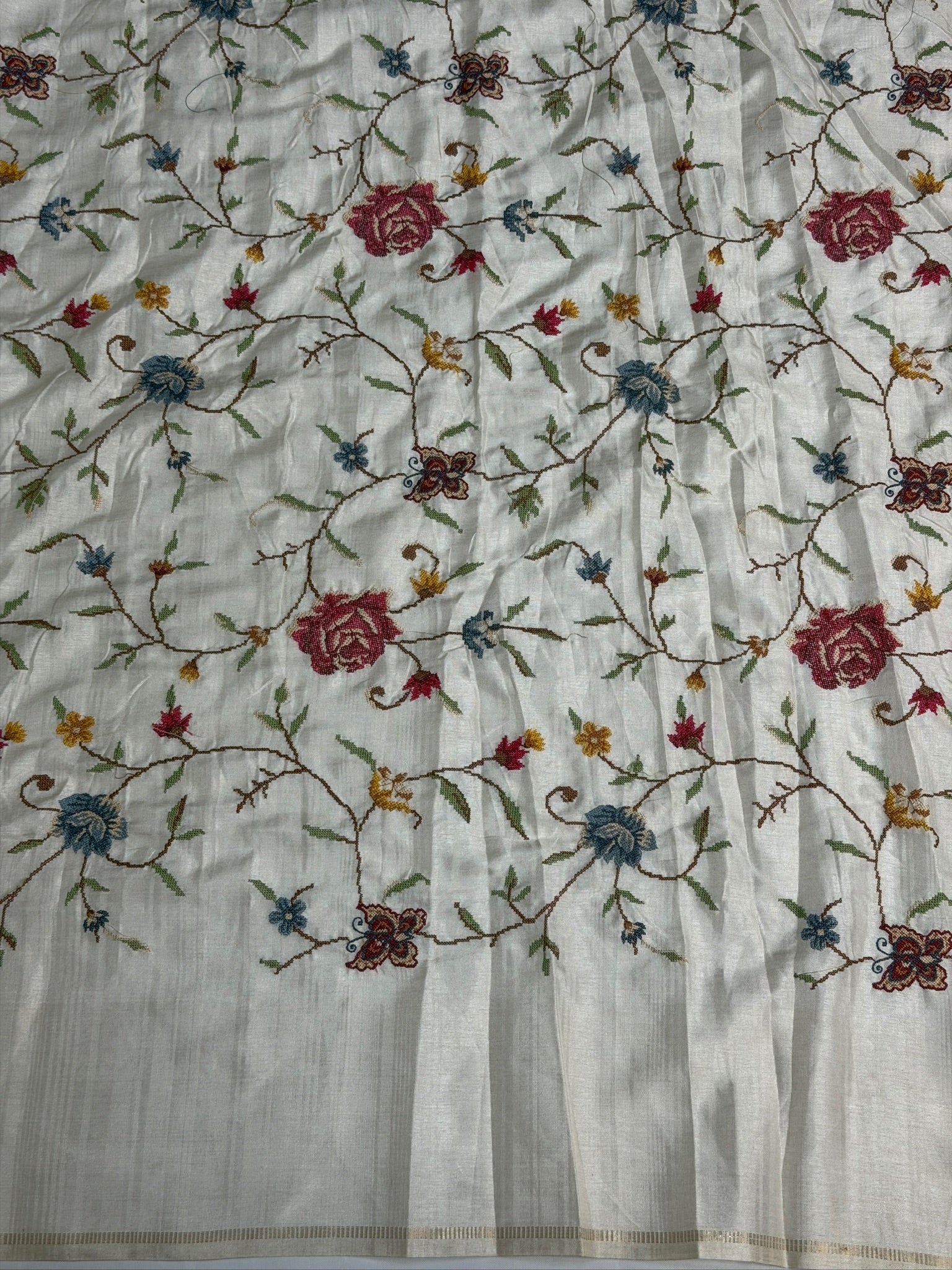 UTSAV BANARAS 394: Pearl White Raw Silk Saree with Meenakari Mandala Border & Zari Stripe Detailing