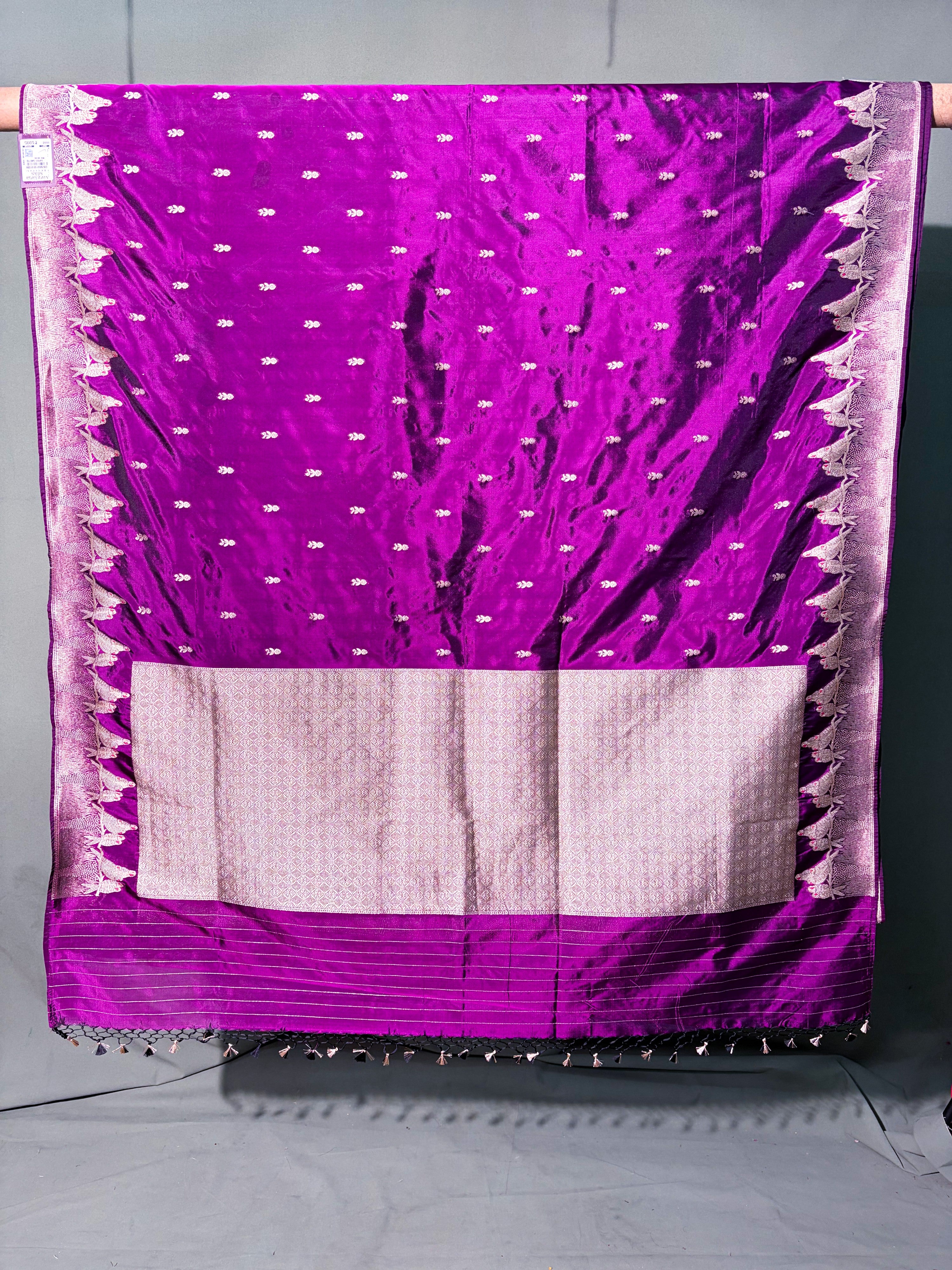 Waah Banaras 140: Deep Voilet Semi Katan Banarasi Saree with Gold Zari Buti & Meenakari Border