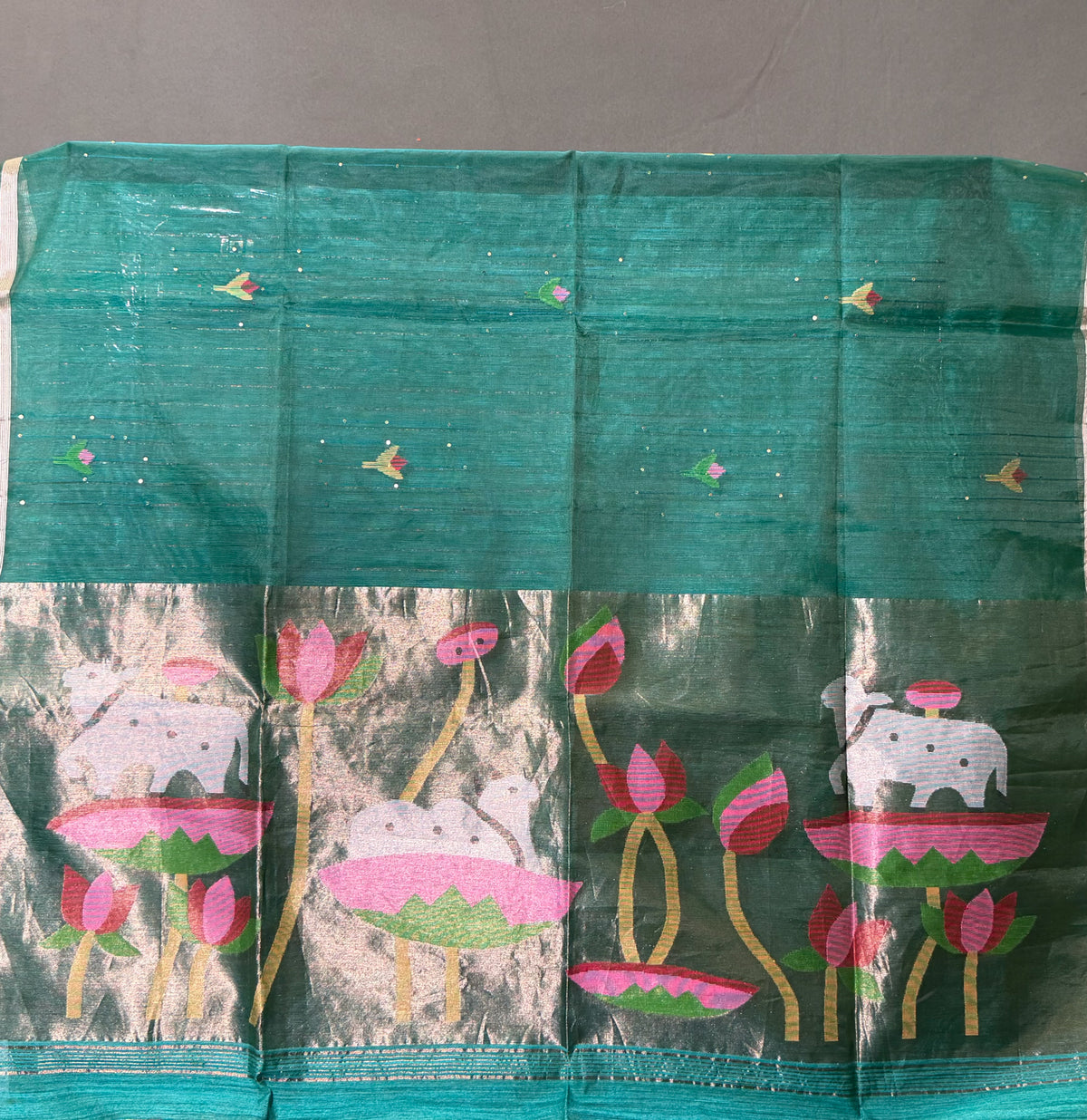 "Founder Choice 014" Banarasi Elegant Rama Green Jamdani Kora Silk Saree With Zari Butas