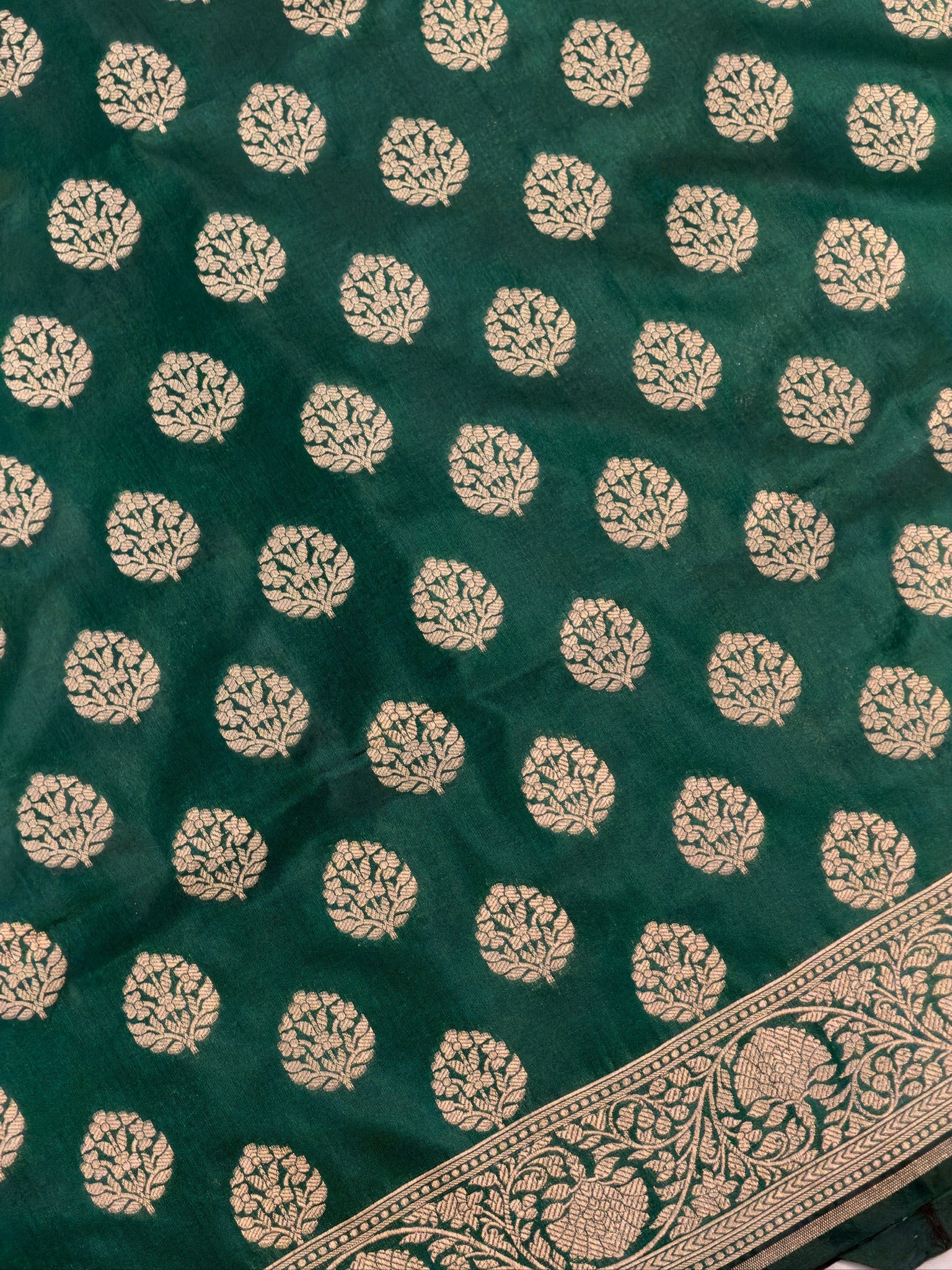 VIRASAT 430: Bottle Green Pure Handloom Katan Silk Saree with Gold Zari Buta & Traditional Banarasi Border