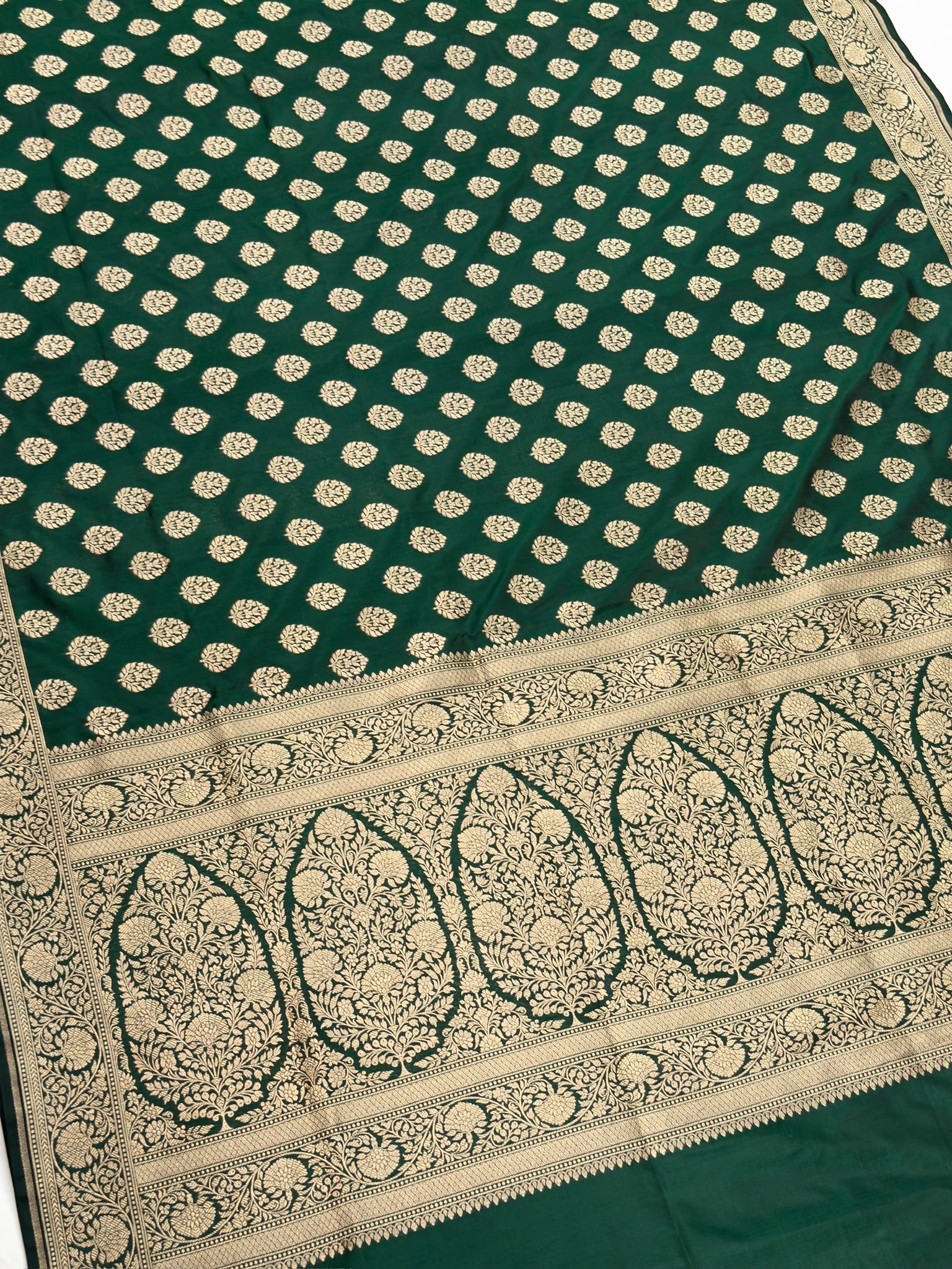VIRASAT 430: Bottle Green Pure Handloom Katan Silk Saree with Gold Zari Buta & Traditional Banarasi Border