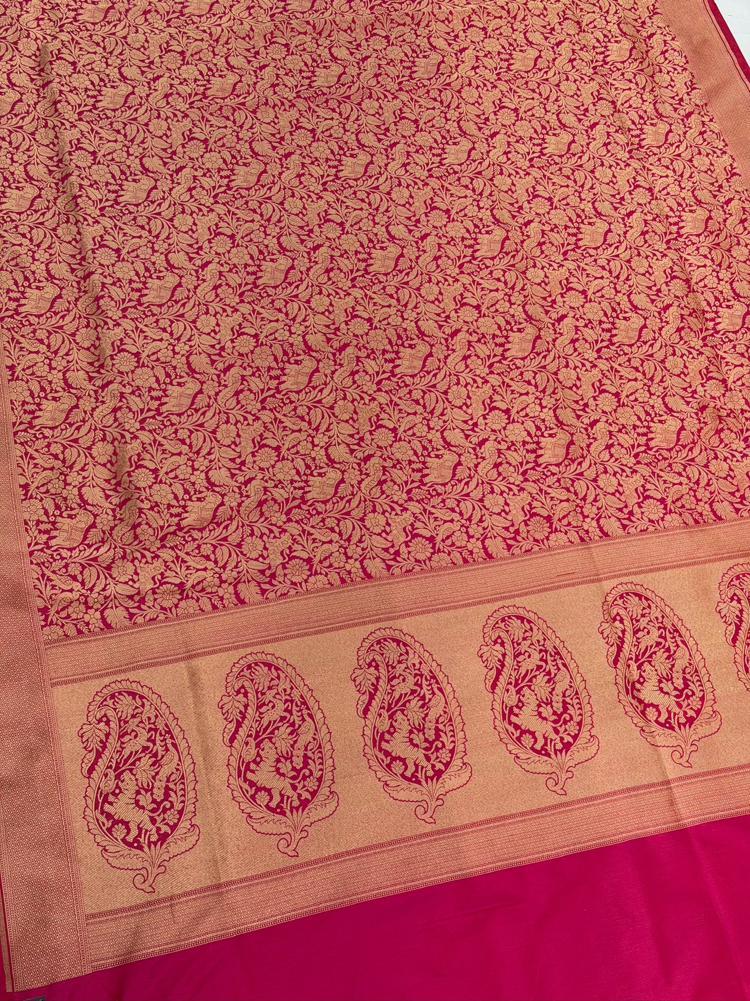 VIRASAT 431: Gajari Pink Pure Handloom Katan Silk Saree with Kadwa Zari Allover Buta & Grand Banarasi Border