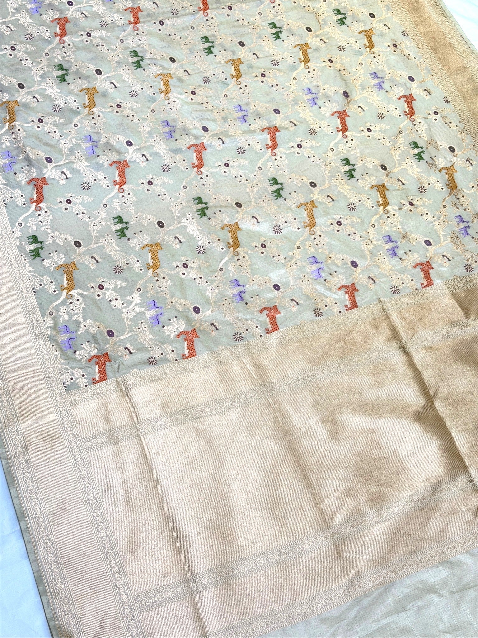 VIRASAT 434A: Silk Mark Certified Ivory White Pure Handloom Katan Silk Saree with Kadwa Sikargah Zari Jaal & Meenakari Weaving