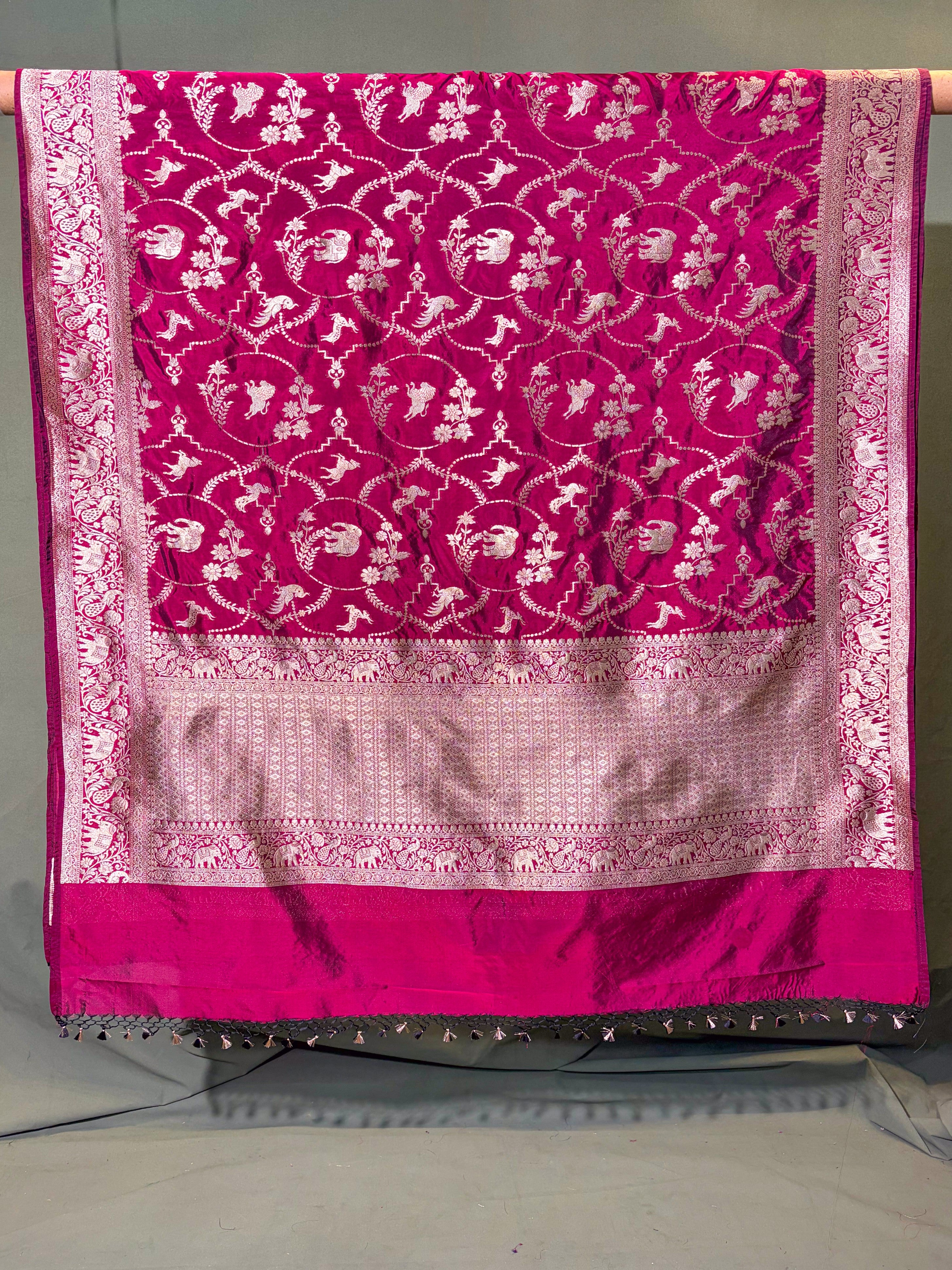WAAH BANARAS 144: Deep Wine Katan Silk Saree with Zari Jaal Animal Motif