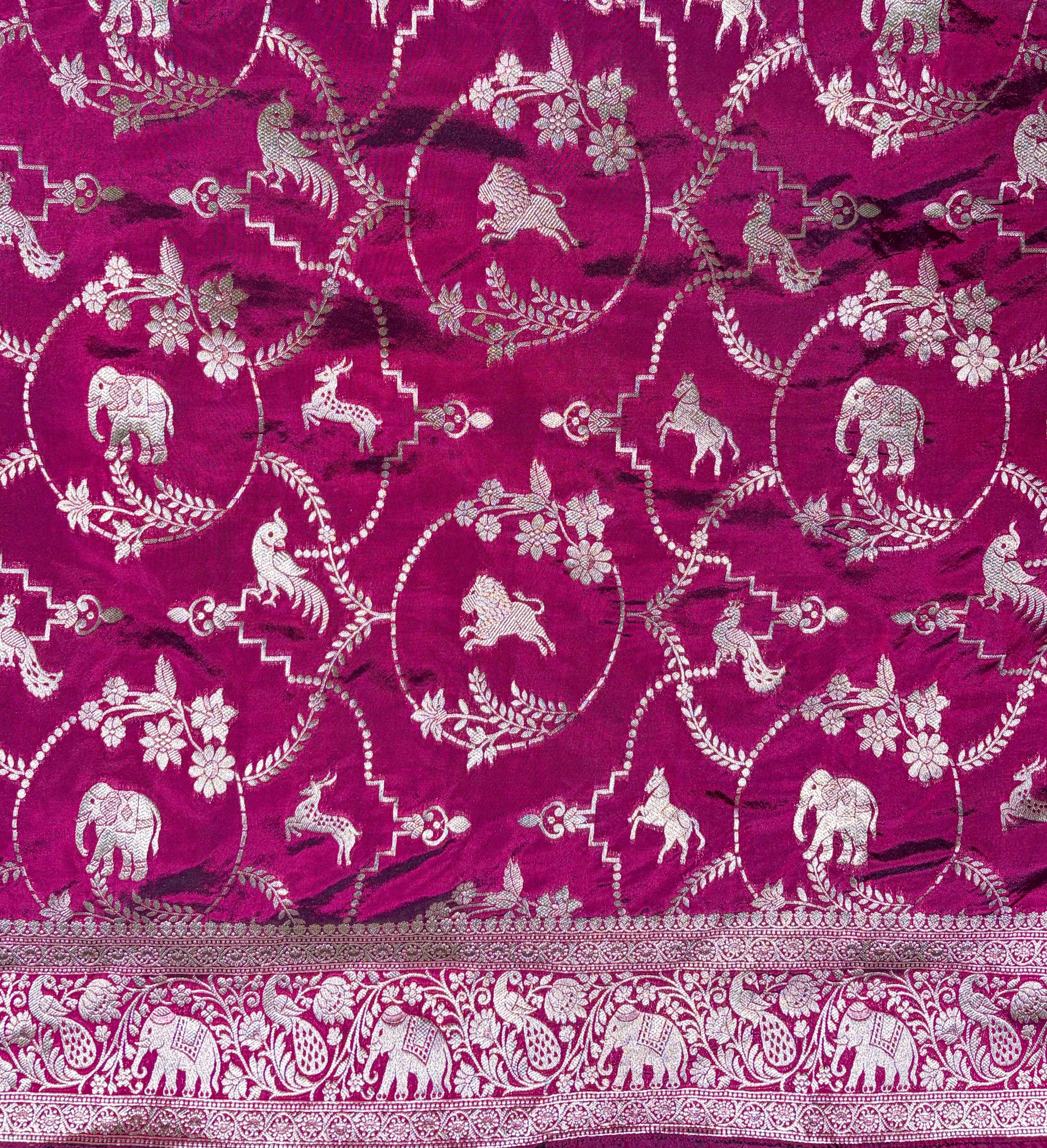 WAAH BANARAS 144: Deep Wine Katan Silk Saree with Zari Jaal Animal Motif