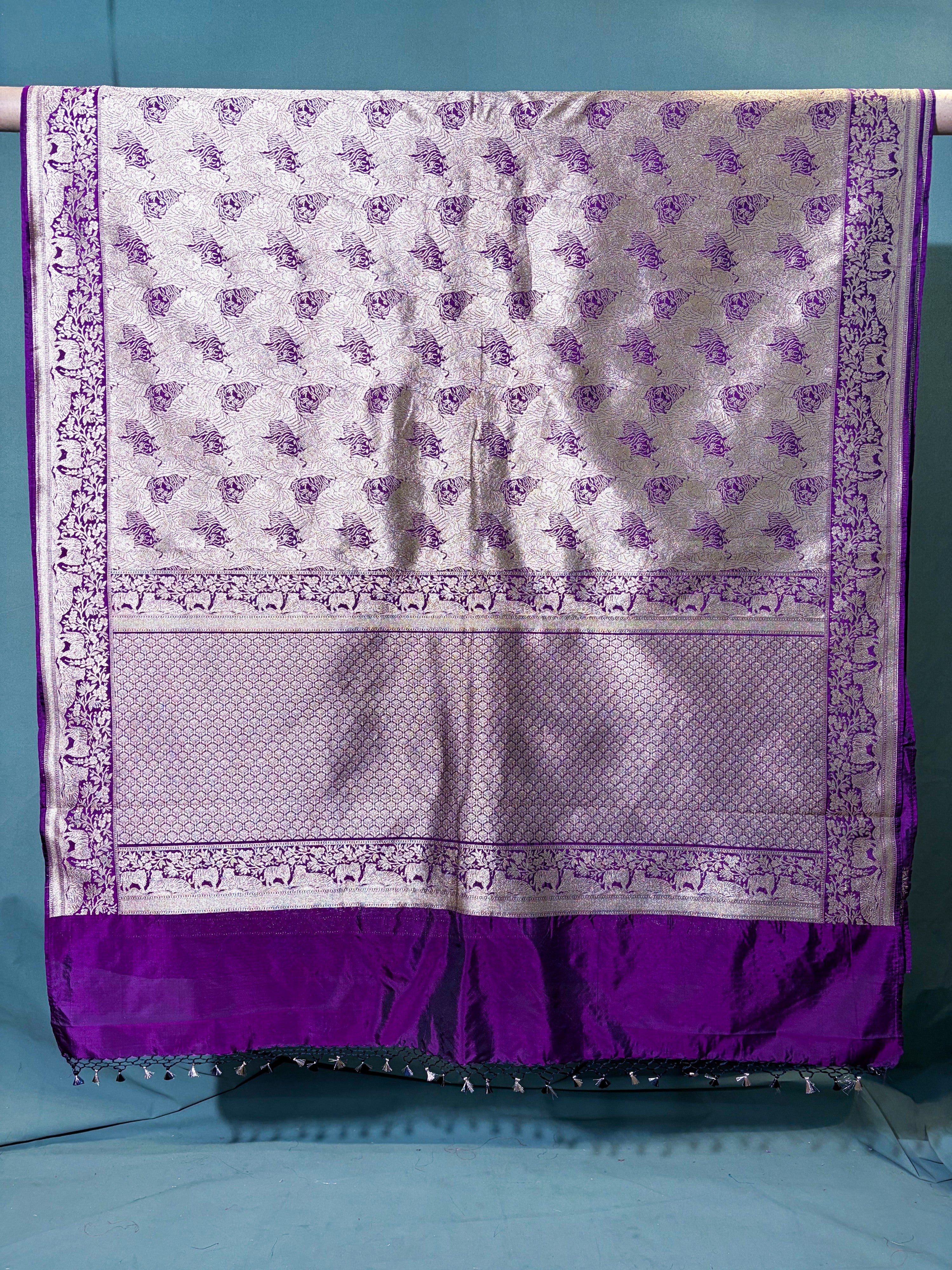 Waah Banaras 146: Bright Purple Regal Lion Motif Gold Zari Brocade Katan Silk Saree