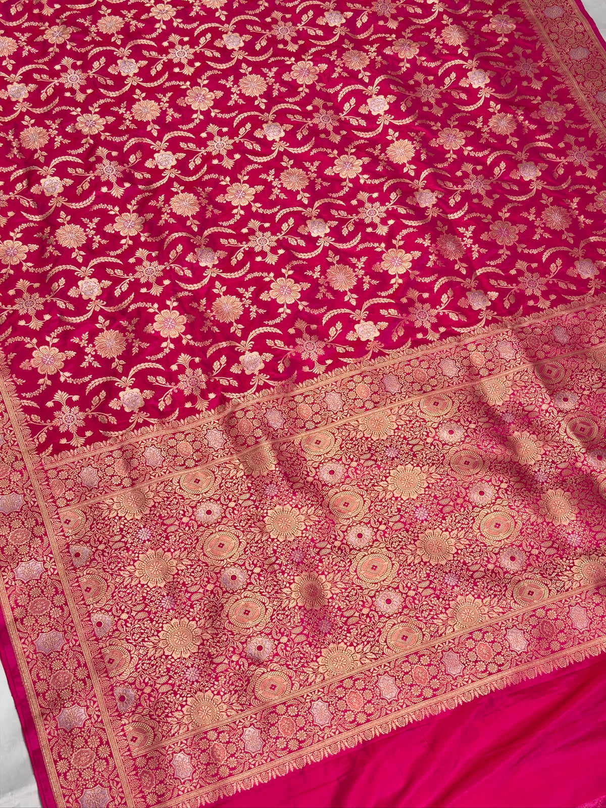 VIRASAT 433: Silk Mark Certified Hot Pink Pure Handloom Katan Silk Saree with Kadwa Sona Rupa Zari Jaal