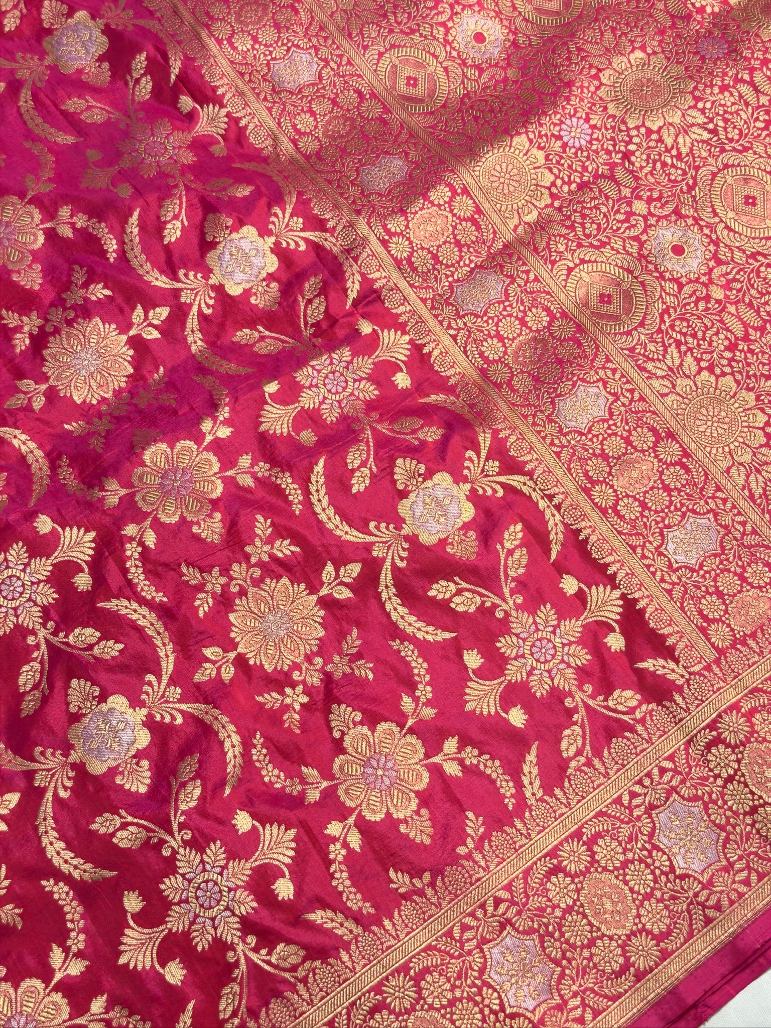 VIRASAT 433: Silk Mark Certified Hot Pink Pure Handloom Katan Silk Saree with Kadwa Sona Rupa Zari Jaal