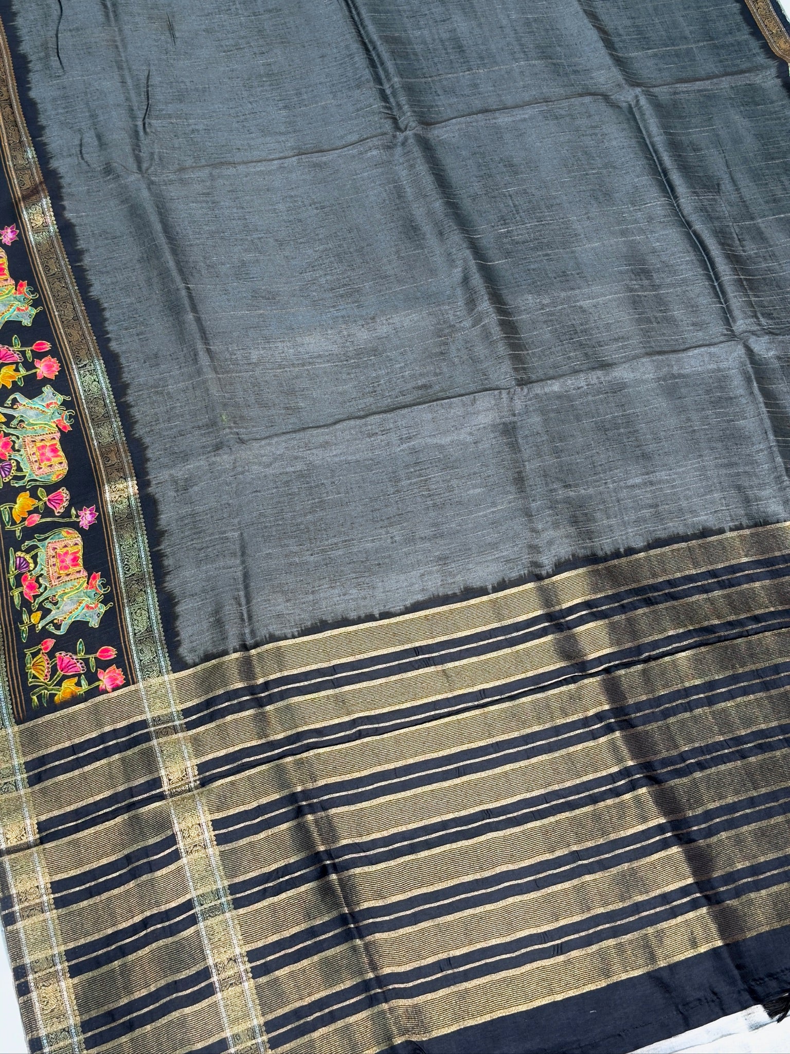 UTSAV BANARAS 288: Slate Grey Tussar Georgette Saree with Beautiful Kalamkari Floral Border