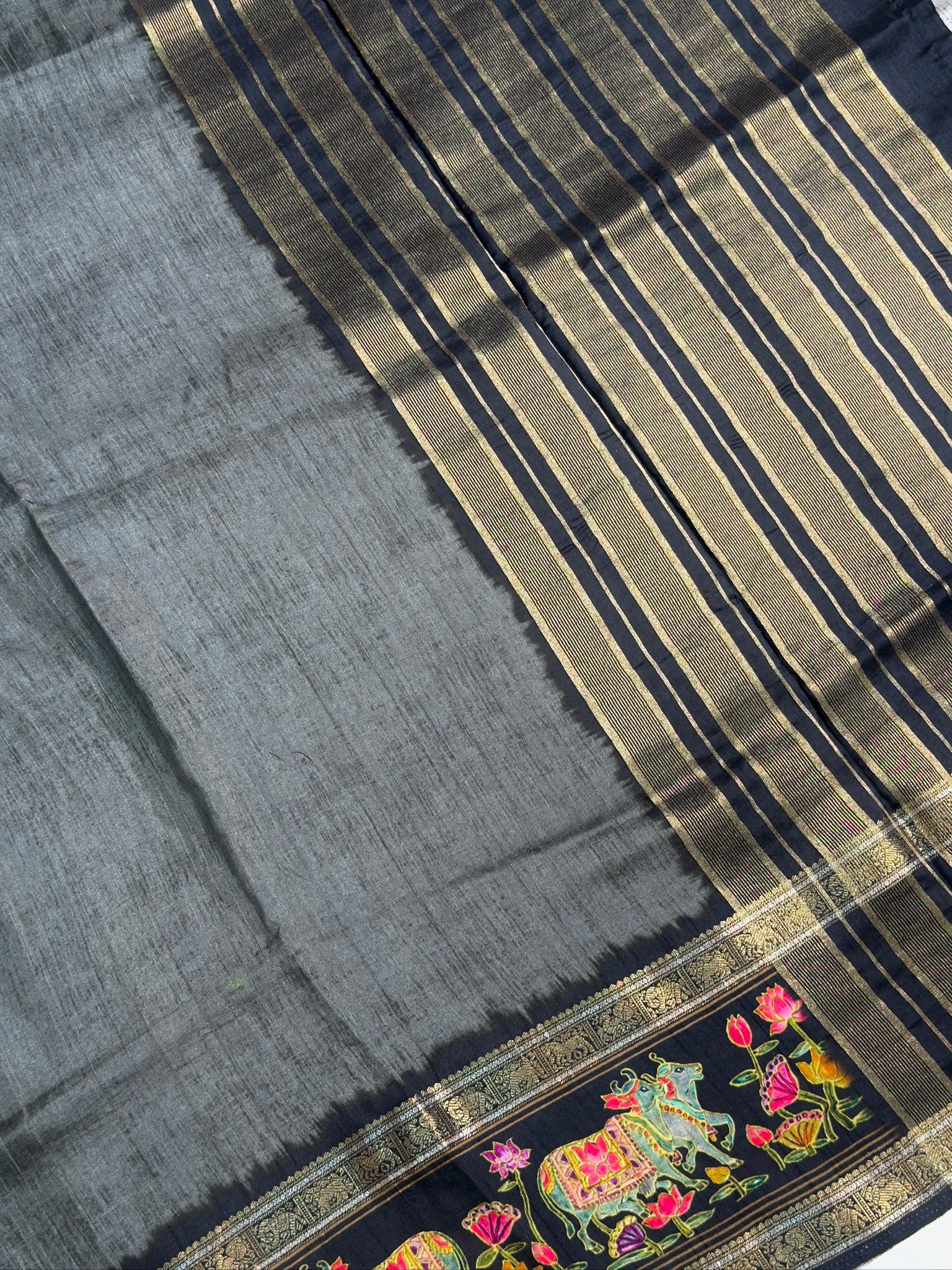 UTSAV BANARAS 288: Slate Grey Tussar Georgette Saree with Beautiful Kalamkari Floral Border